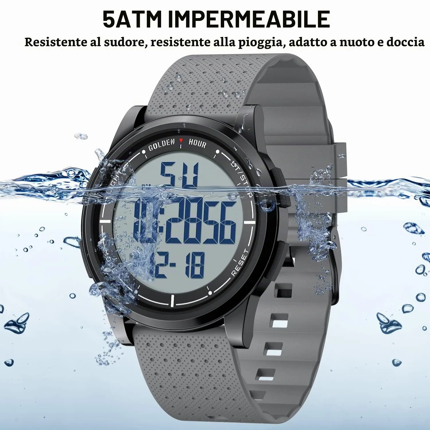 Golden Hour GH1313 Orologio Digitale Sport Impermeabile Ultra-Sottile con Cinturino in Gomma - immagine 5