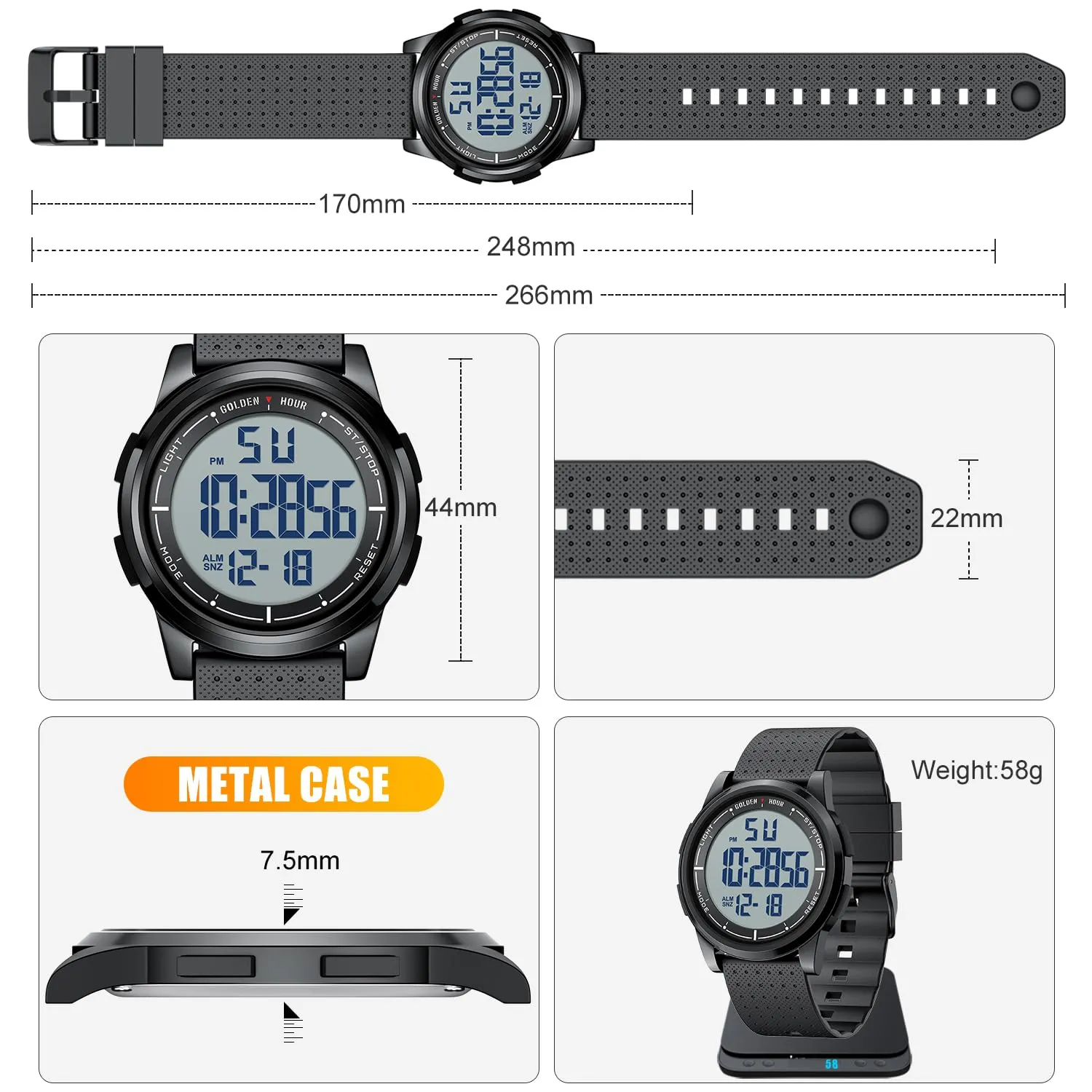 GOLDEN HOUR Orologio Digitale Ultra-Sottile Minimalista Sport Impermeabile GH-1313 per Uomo e Donna - immagine 4