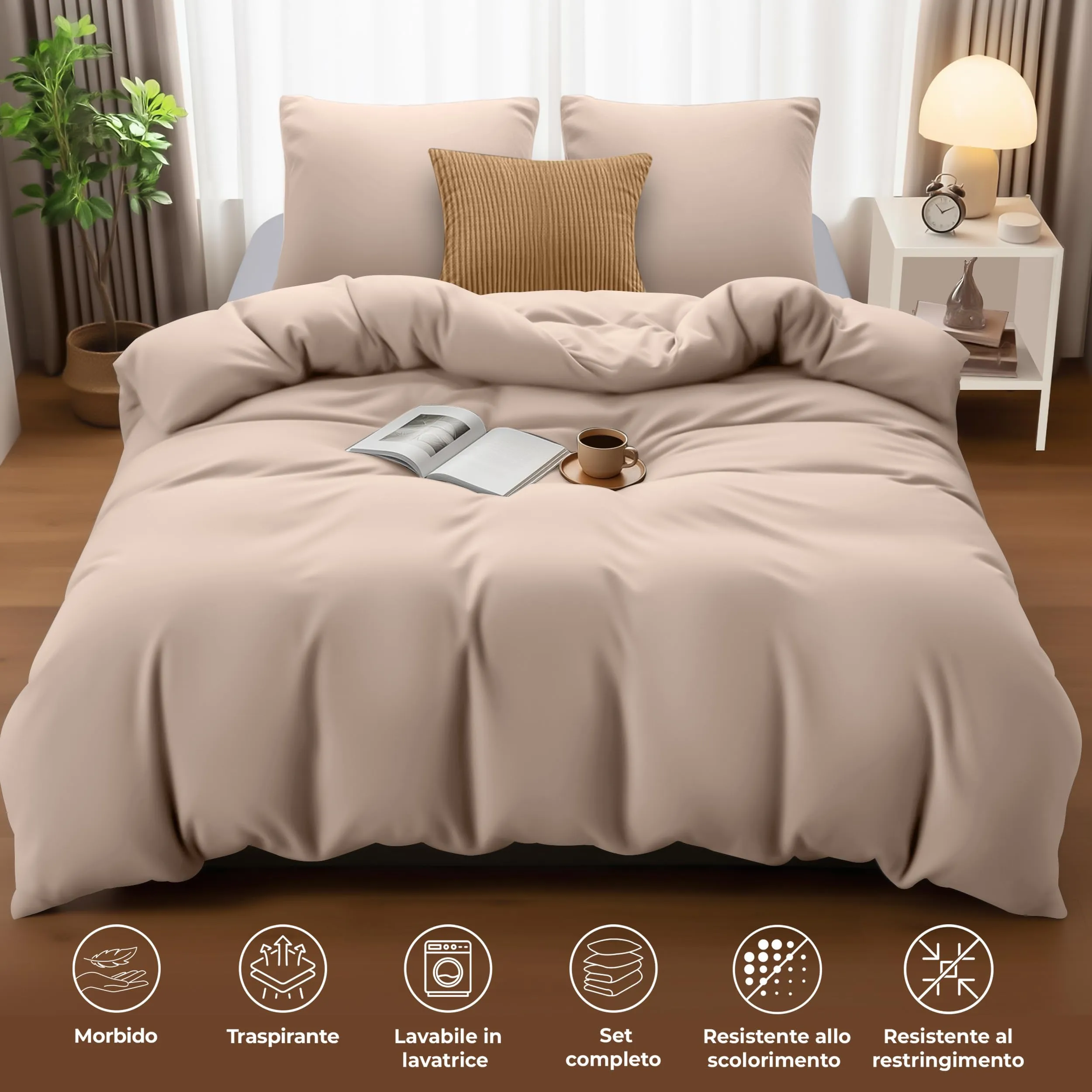 Utopia Bedding Set Copripiumino Matrimoniale 240x220 cm con 2 Federe 65x65 cm, Beige - immagine 5