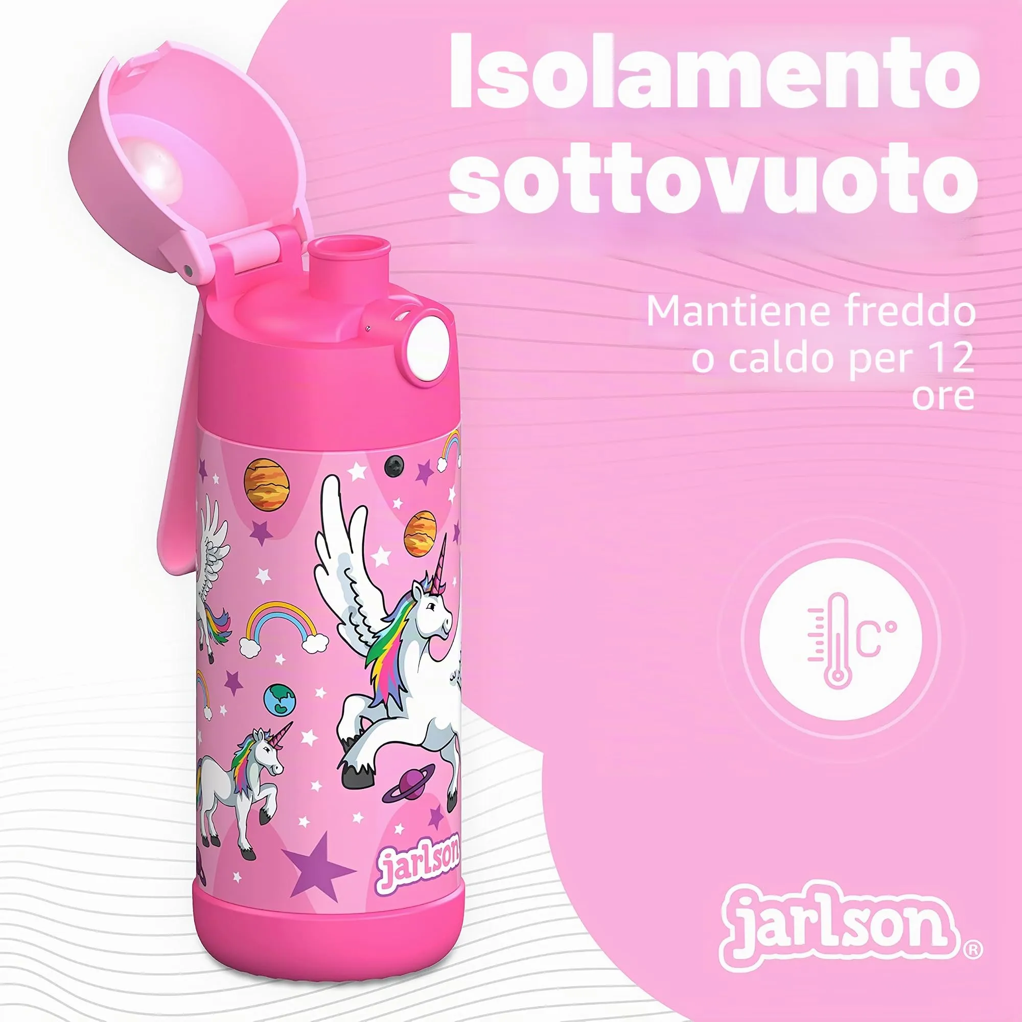 Jarlson MALI Borraccia Termica in Acciaio Inox per Bambini, 350 ml, Unicorno - immagine 2