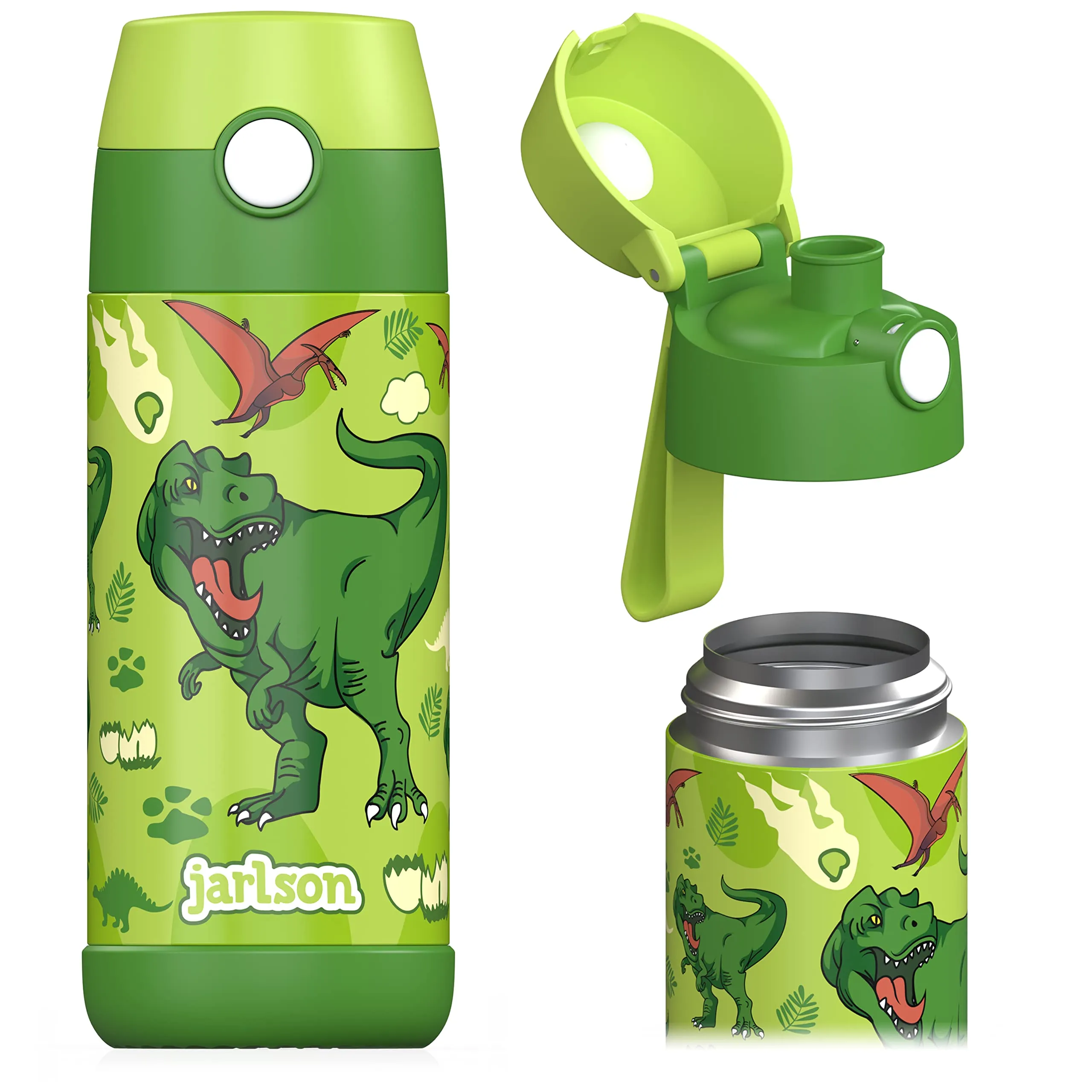 Jarlson Mali Borraccia Termica per Bambini in Acciaio Inox con Coperchio per Bicchieri, 355 ml, Stella di Dinosauro - immagine 1
