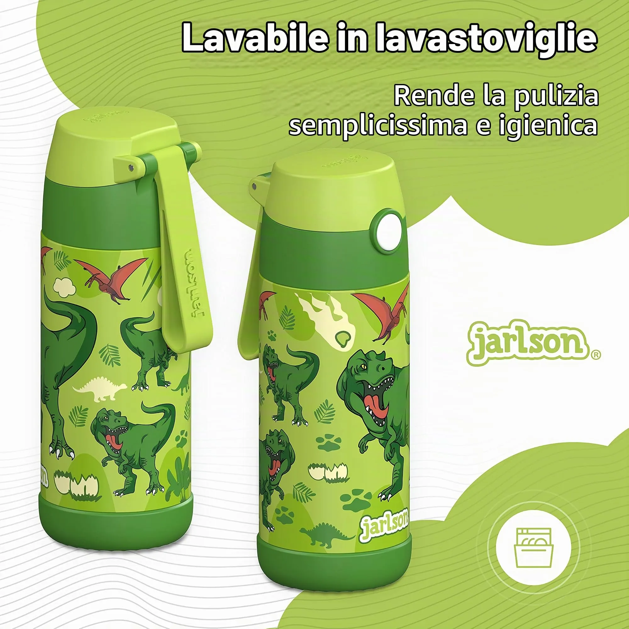 Jarlson Mali Borraccia Termica per Bambini in Acciaio Inox con Coperchio per Bicchieri, 355 ml, Stella di Dinosauro - immagine 3