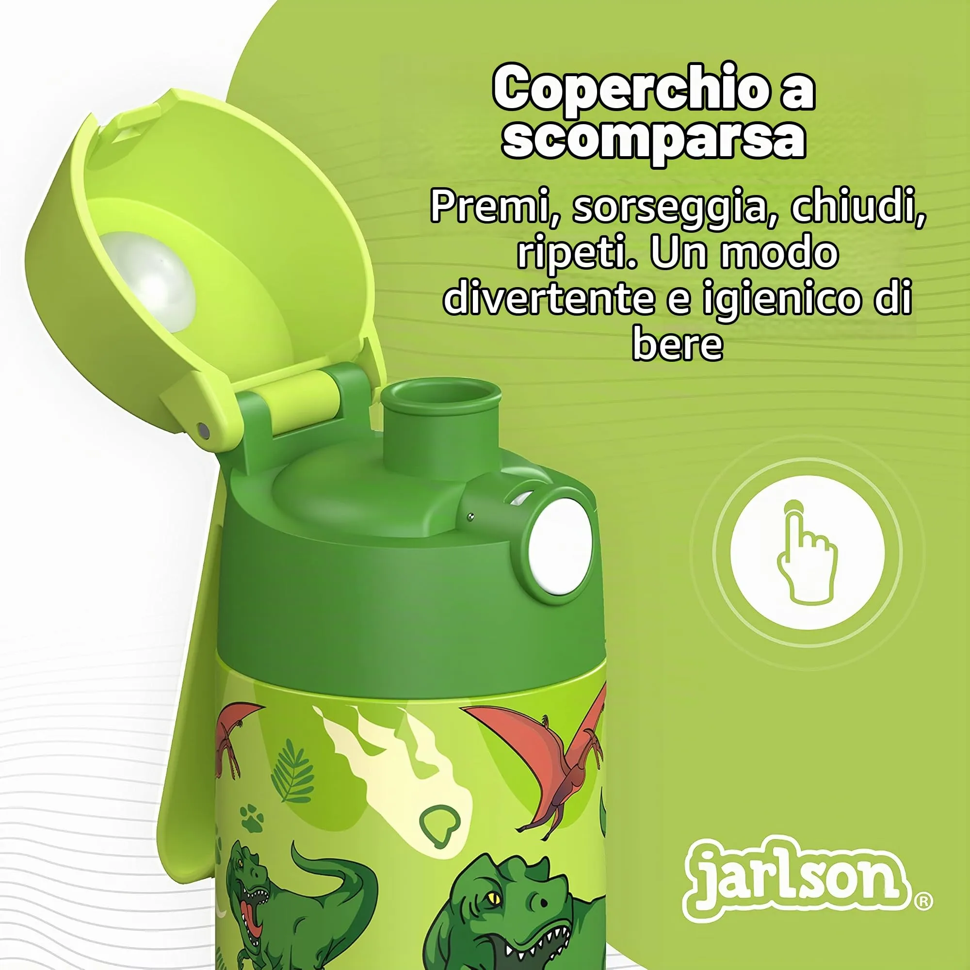 Jarlson Mali Borraccia Termica per Bambini in Acciaio Inox con Coperchio per Bicchieri, 355 ml, Stella di Dinosauro - immagine 5