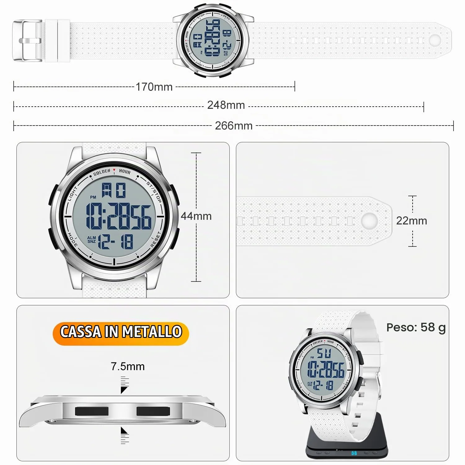 Golden Hour GH1313 Orologio Digitale Ultra-Sottile Minimalista Sport Impermeabile con Cinturino in Gomma - immagine 4