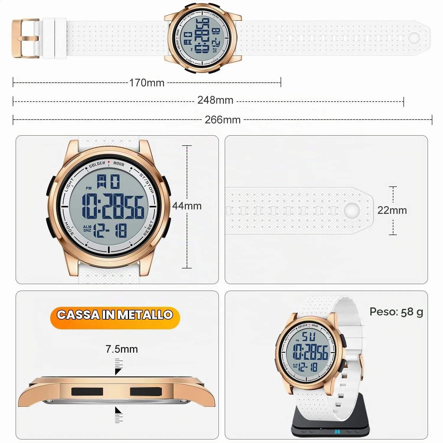 GOLDEN HOUR GH1313 Orologio Digitale Sport Ultra-Sottile Impermeabile con Cinturino in Gomma - immagine 4