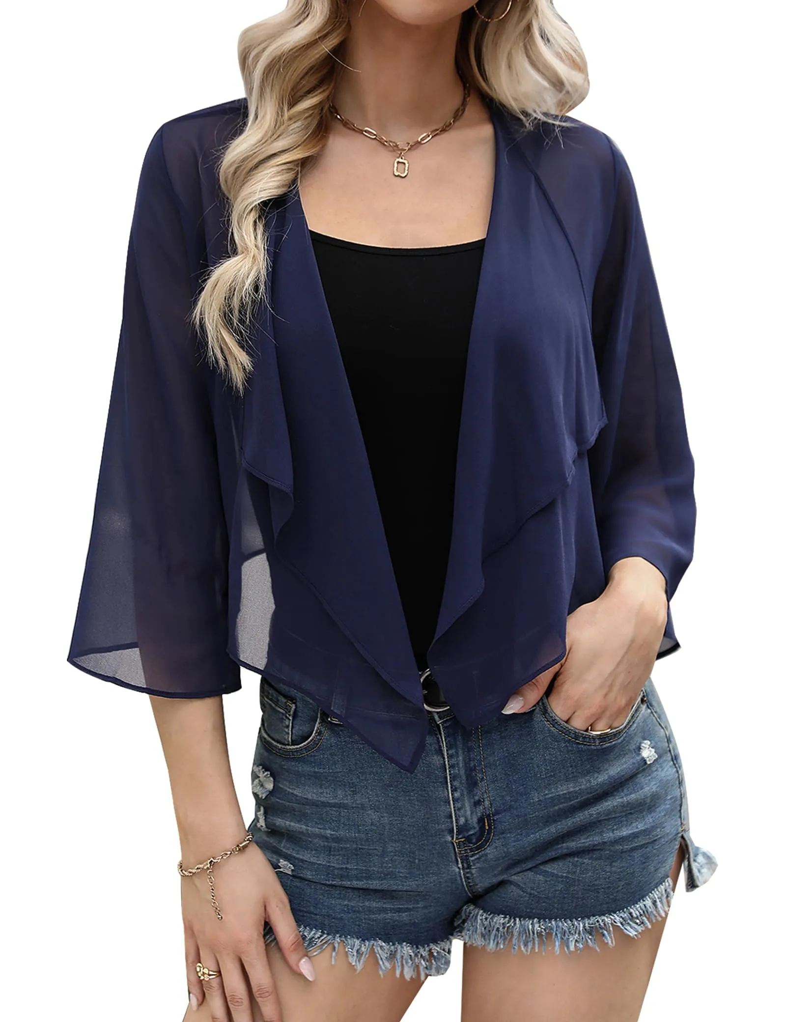 Aottori Coprispalle Donna in Chiffon, Maniche 3/4, Blu Navy, XXL - immagine 1