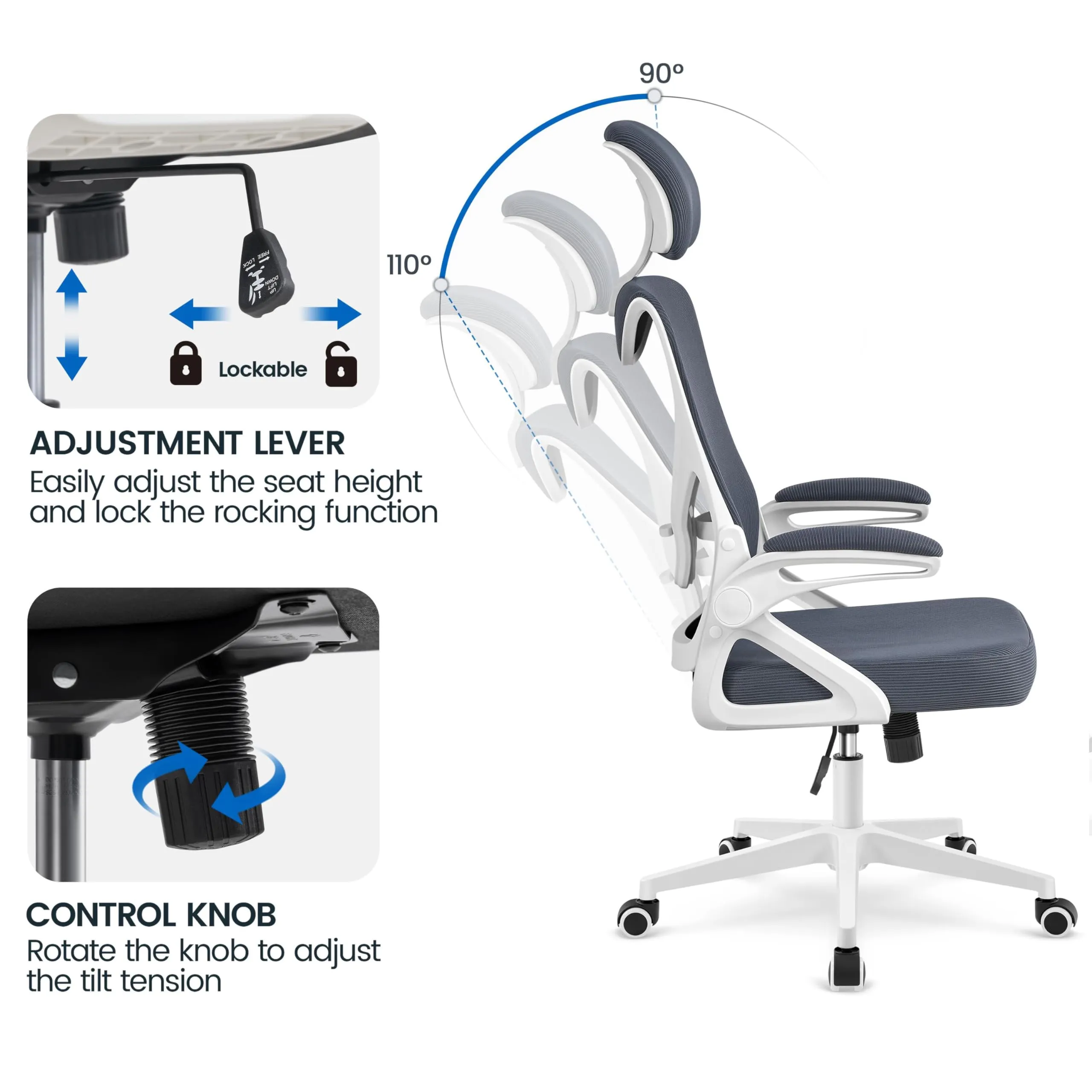 Yaheetech Sedia Ufficio Ergonomica con Supporto Lombare, Bianca/Grigia - immagine 4