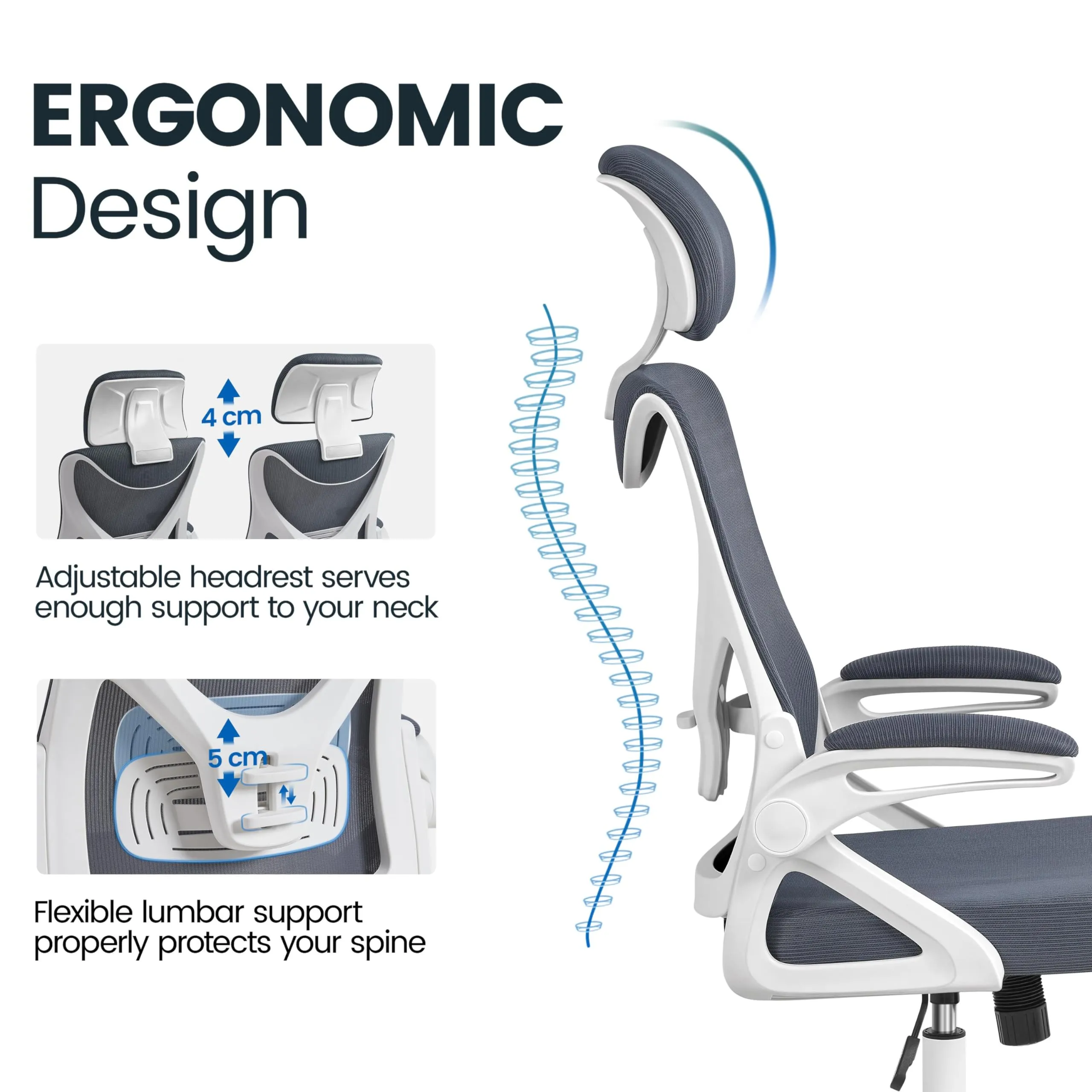 Yaheetech Sedia Ufficio Ergonomica con Supporto Lombare, Bianca/Grigia - immagine 5