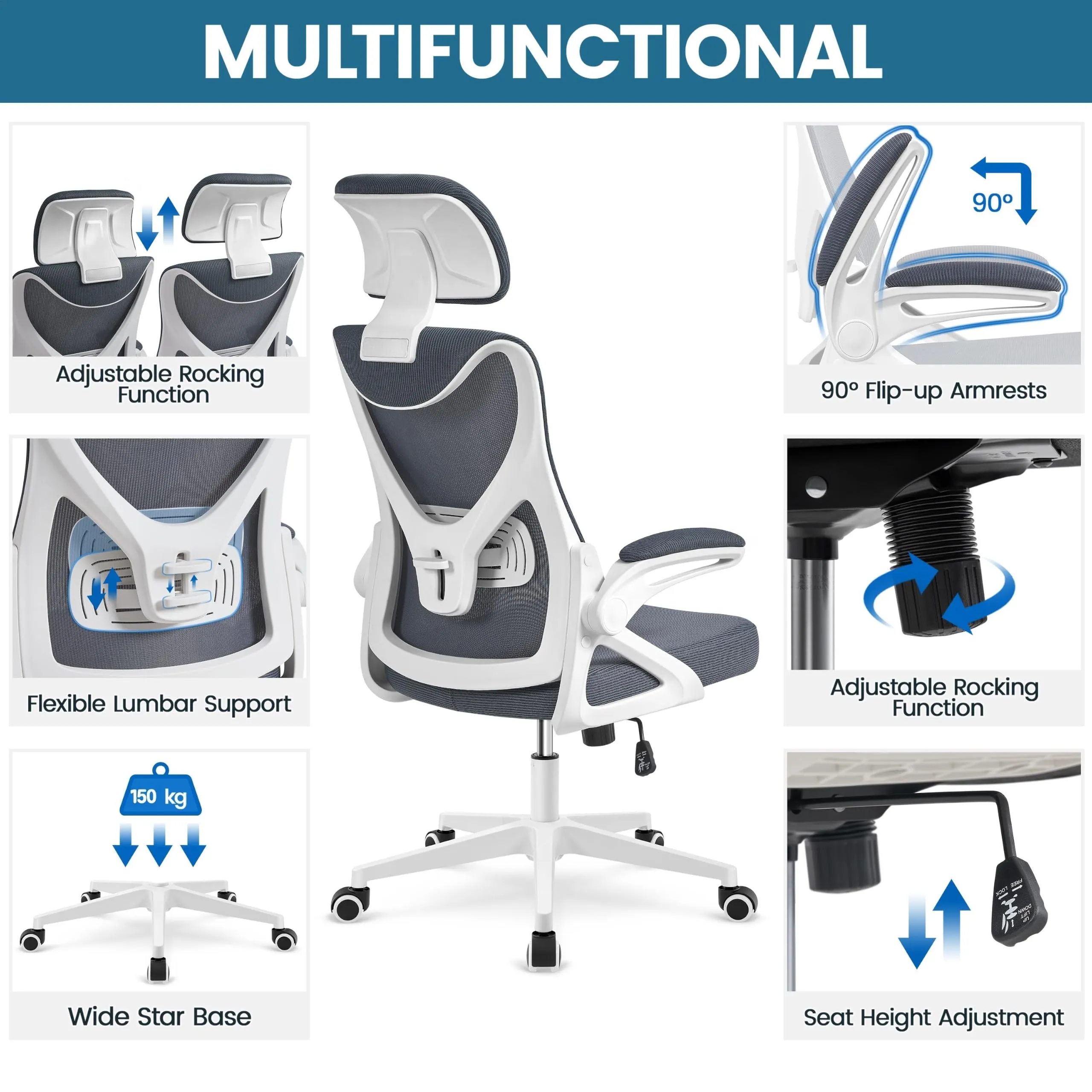 Yaheetech Sedia Ufficio Ergonomica con Supporto Lombare, Bianca/Grigia - immagine 7