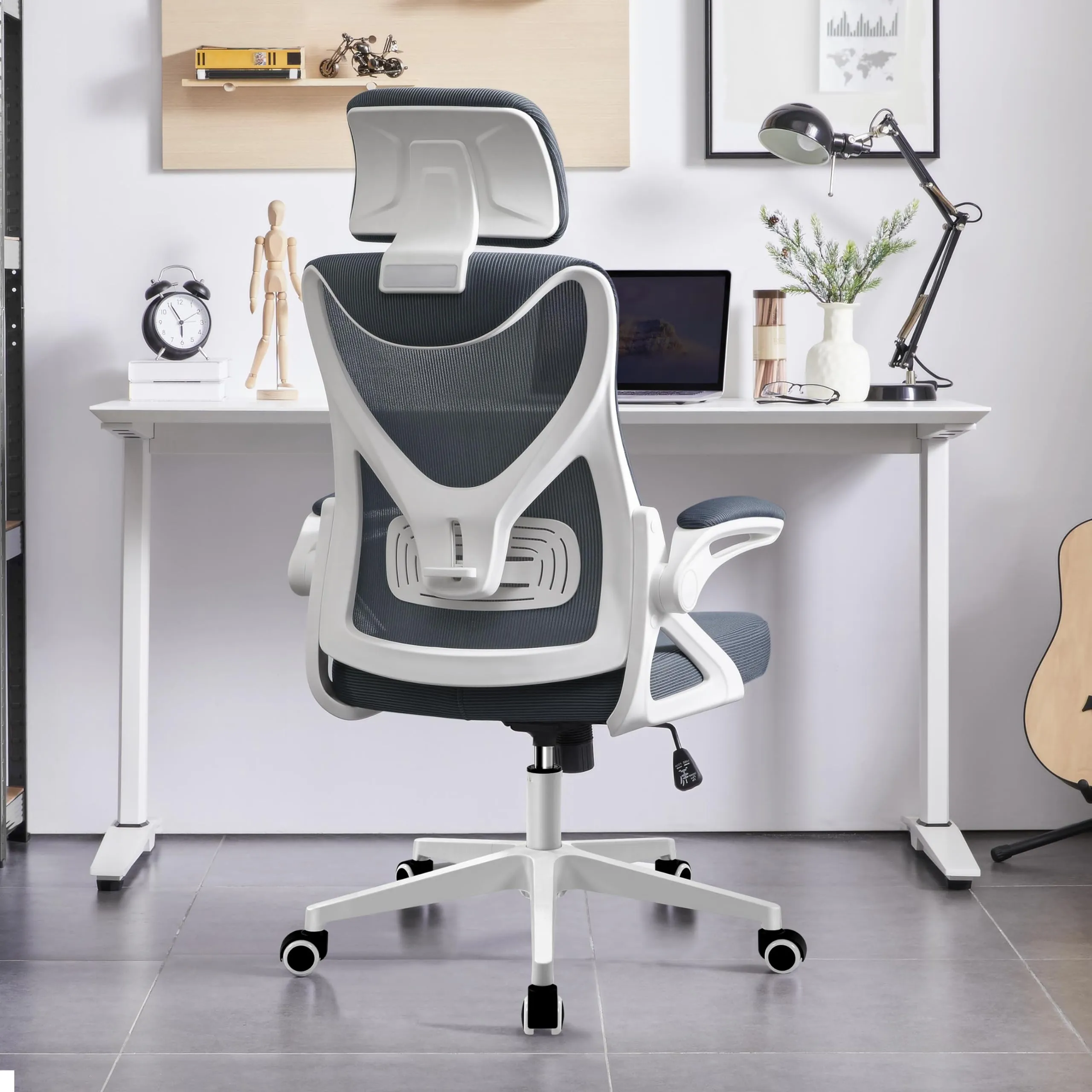 Yaheetech Sedia Ufficio Ergonomica con Supporto Lombare, Bianca/Grigia - immagine 9