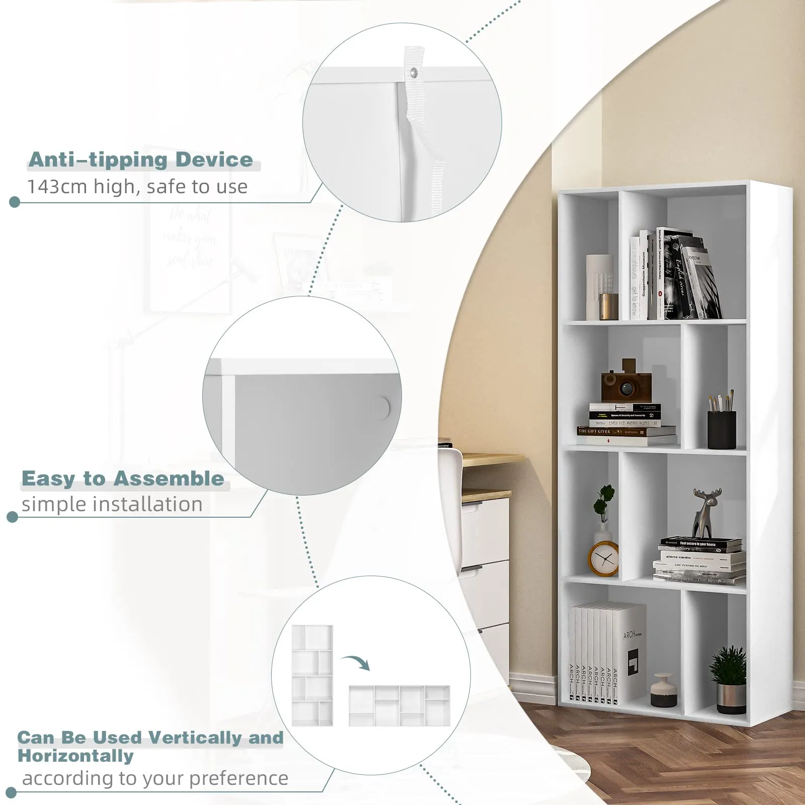 WOLTU Libreria a Cubi, Scaffale Espositivo 8 Cubi, 29 x 60 x 143,5 cm, Bianco - immagine 6