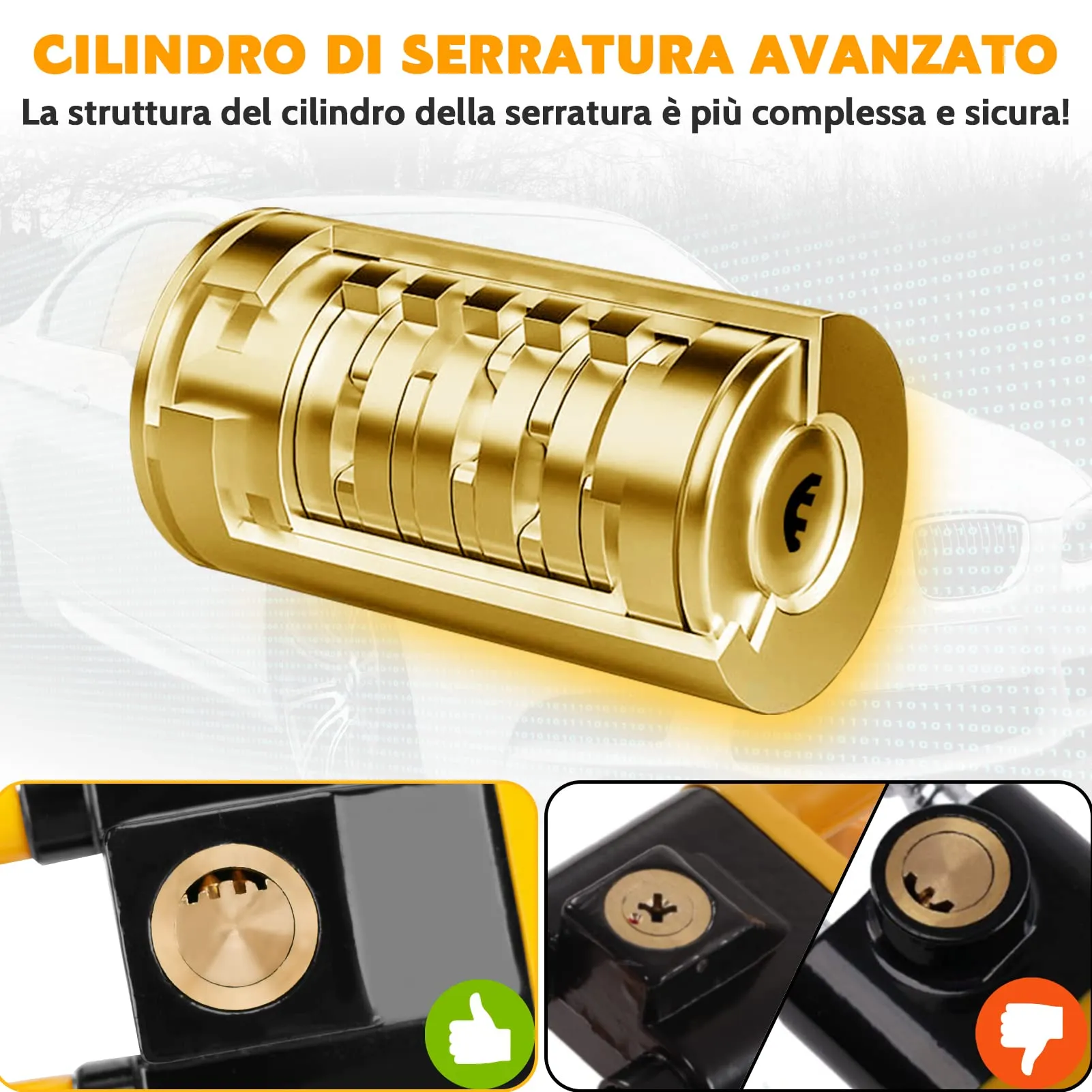 Tevlaphee Blocca Sterzo Automobile Universale, Lunghezza Regolabile, Giallo - immagine 3