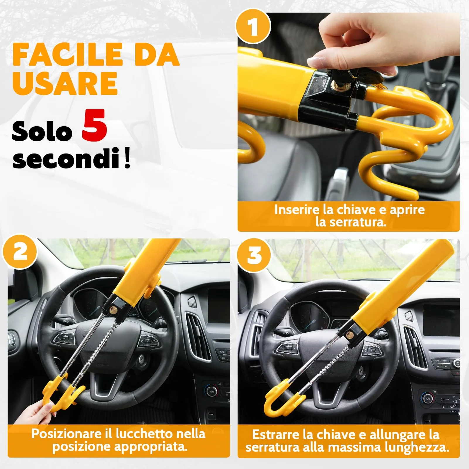 Tevlaphee Blocca Sterzo Automobile Universale, Lunghezza Regolabile, Giallo - immagine 6