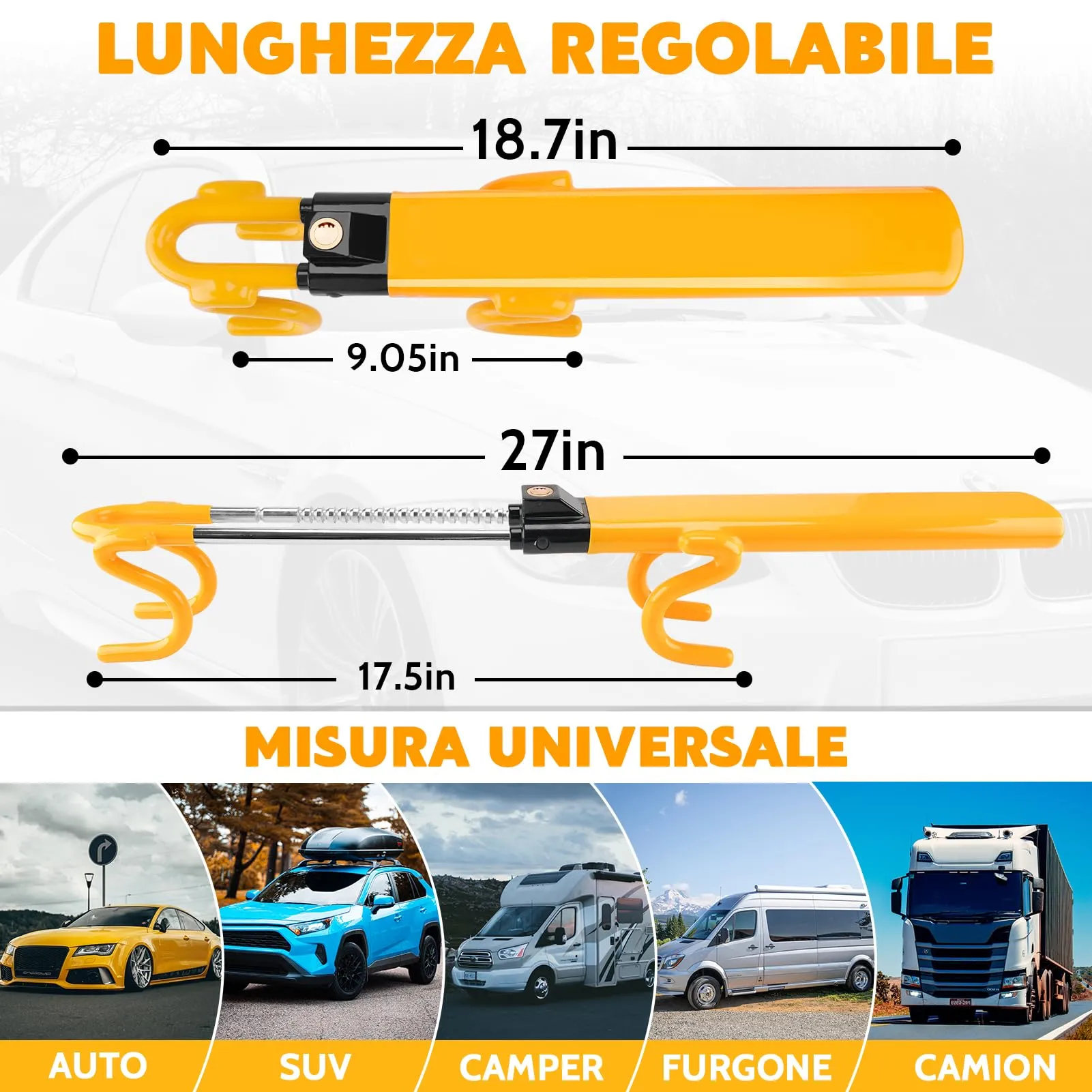 Tevlaphee Blocca Sterzo Automobile Universale, Lunghezza Regolabile, Giallo - immagine 7