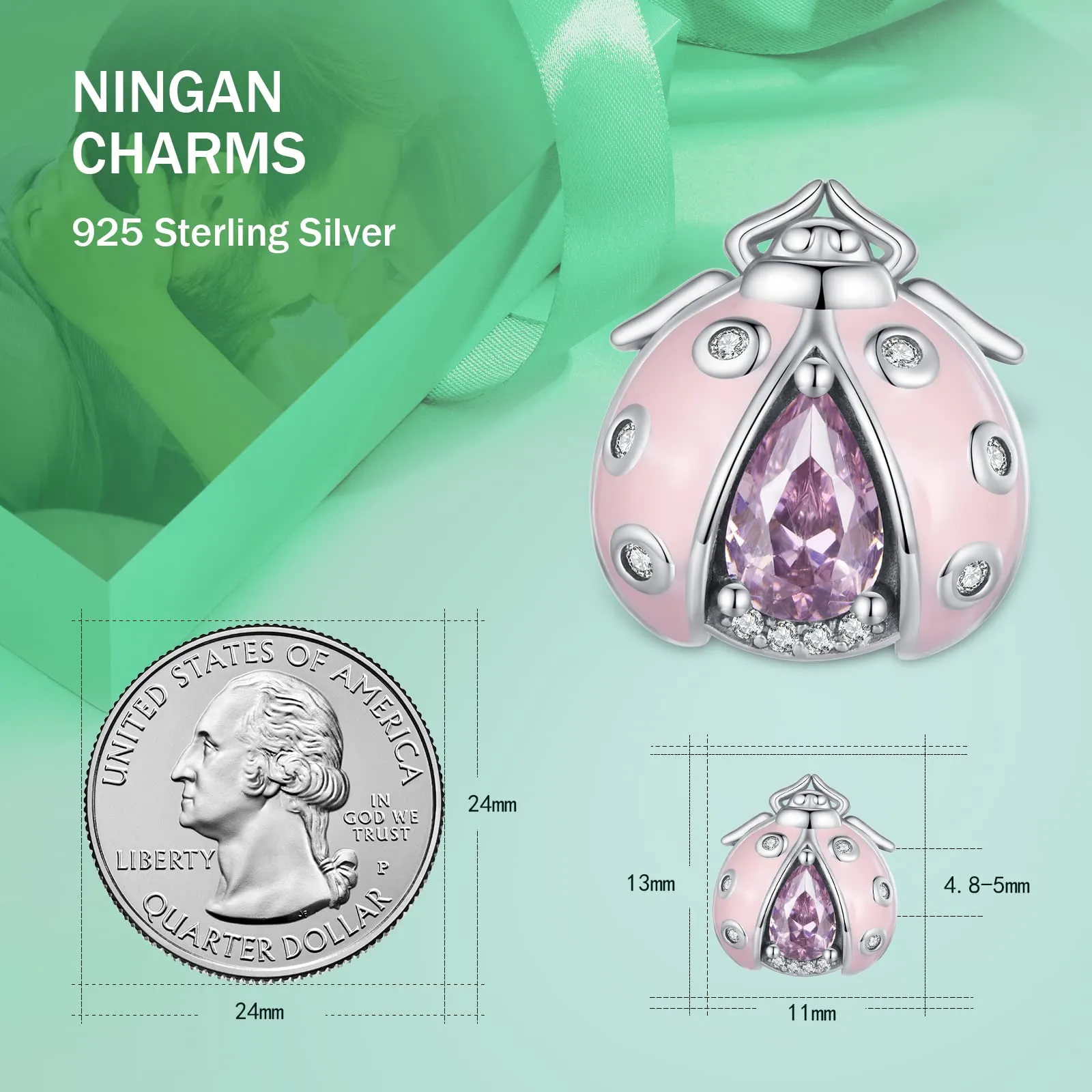 NINGAN Ciondolo a forma di insetto con sette stelle in argento sterling 925 e zirconi rosa per bracciali da donna - immagine 3