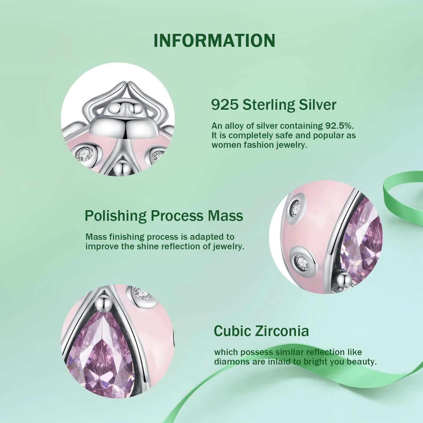 NINGAN Ciondolo a forma di insetto con sette stelle in argento sterling 925 e zirconi rosa per bracciali da donna - immagine 4