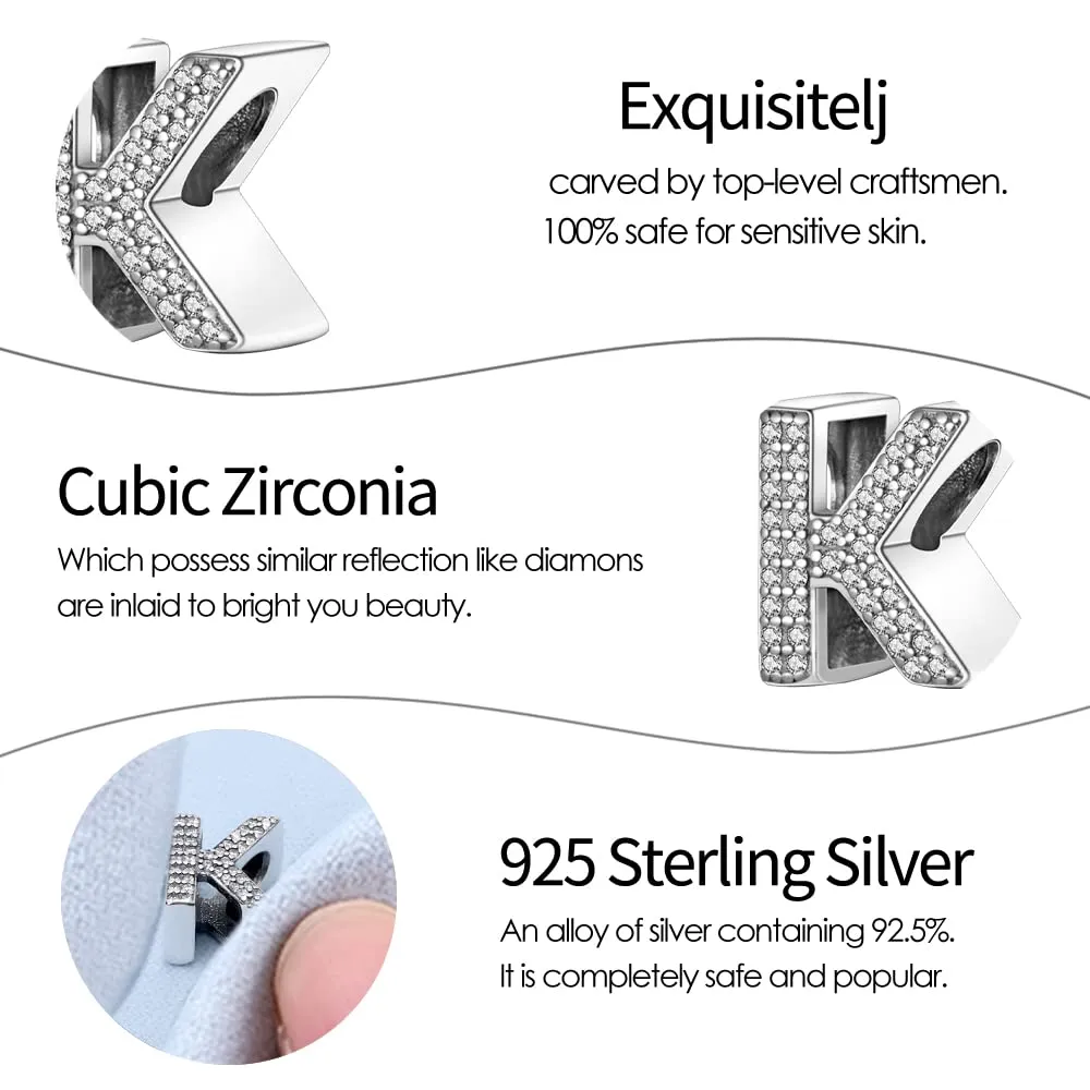 TINSLO Bead Charm Argento Sterling 925 Lettere con Cubic Zirconia per Braccialetti e Collane Europei - immagine 5