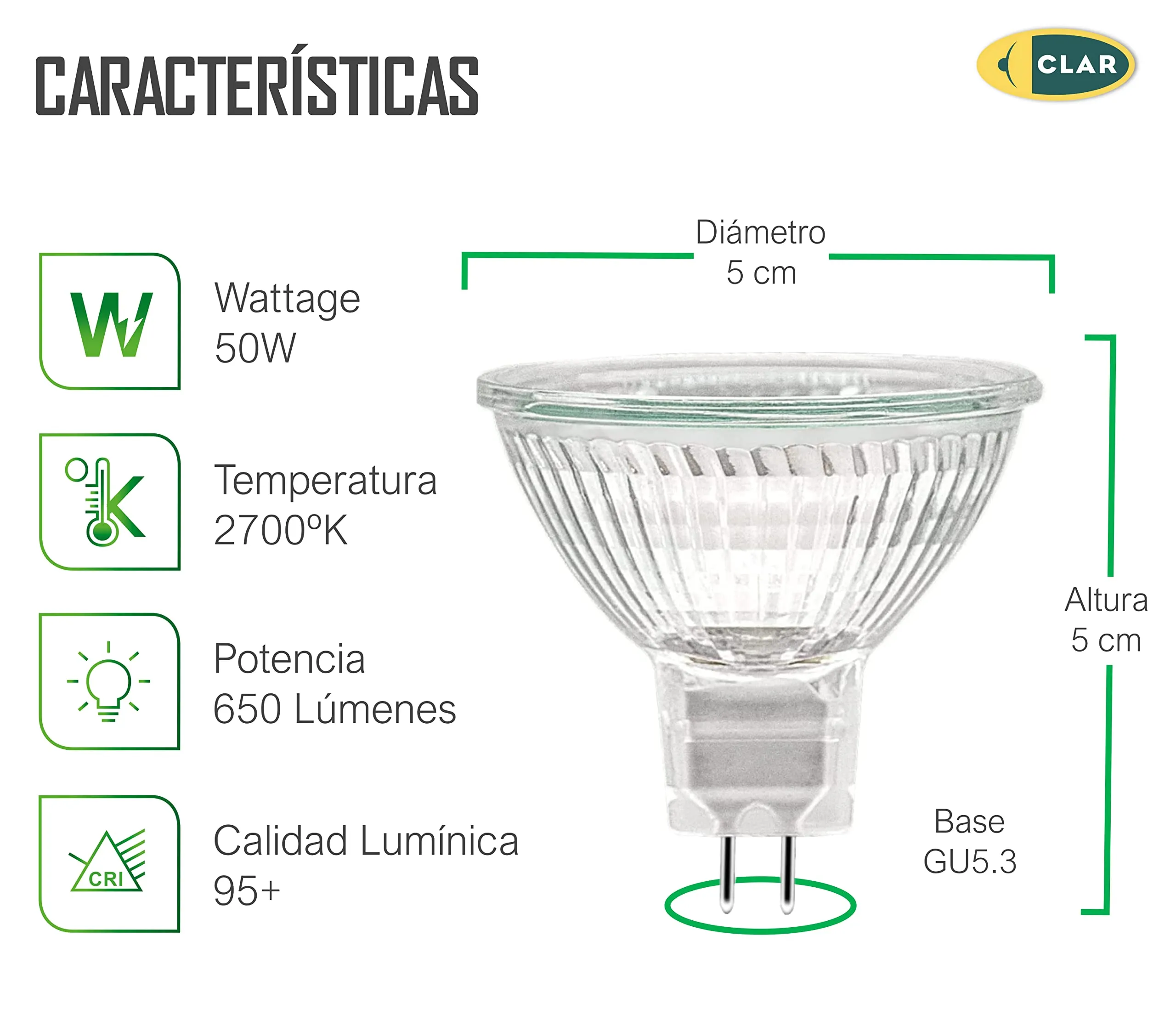CLAR Lampadine Alogene MR16 GU5.3 12V 50W (Pack 20) - immagine 2