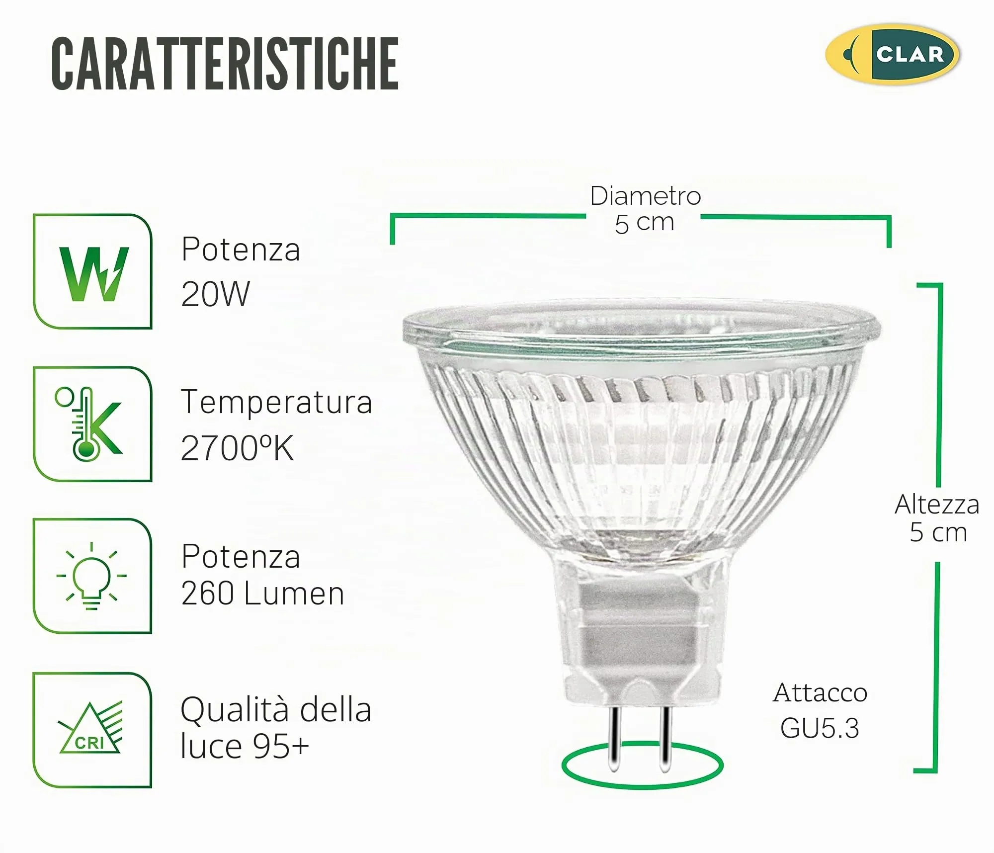 CLAR Lampadine Alogene MR16 GU5.3 12V 20W (Pack 20) - immagine 2