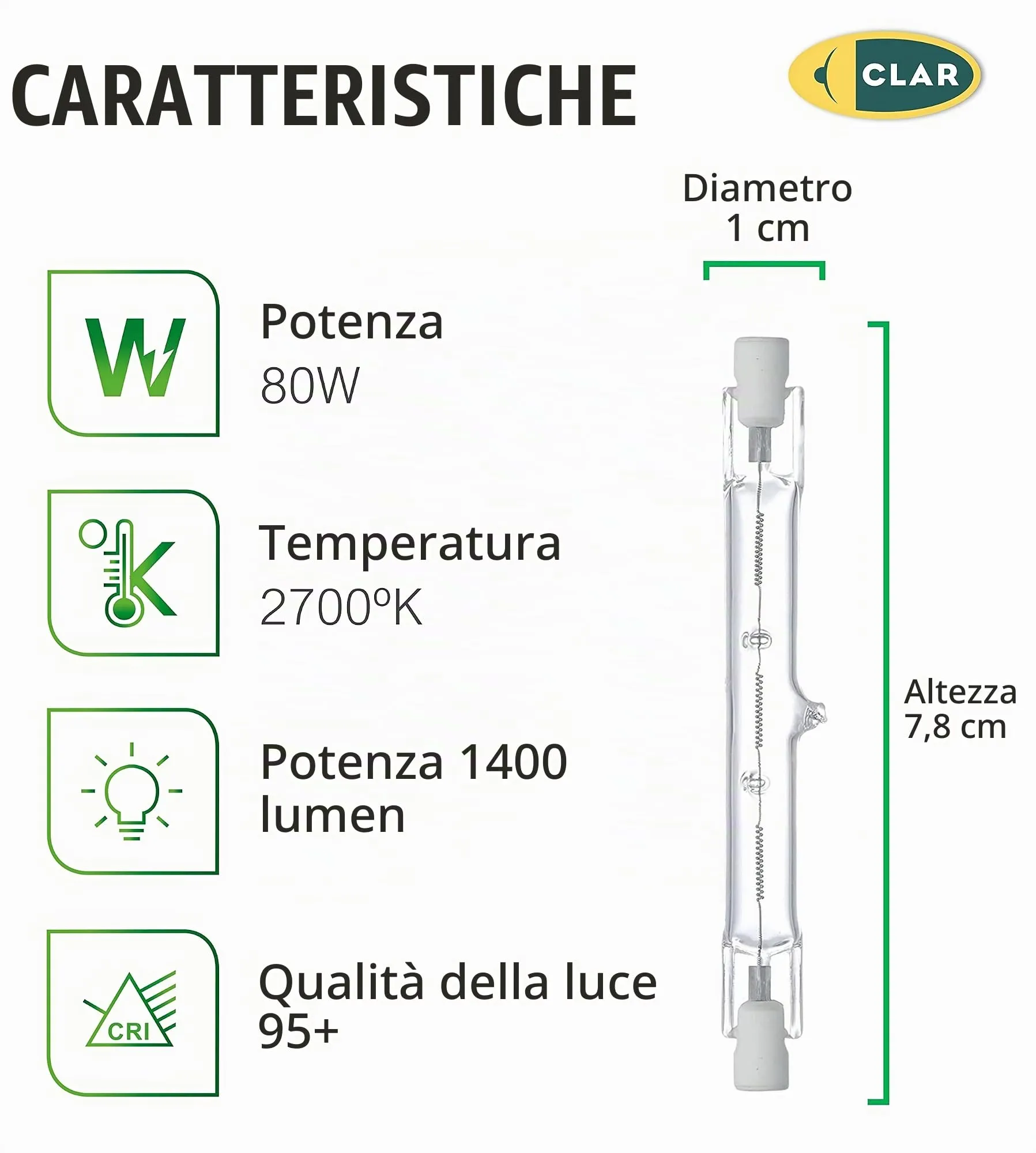 CLAR Lampadina Alogena R7S 80W 78mm (Pack 10) - immagine 2