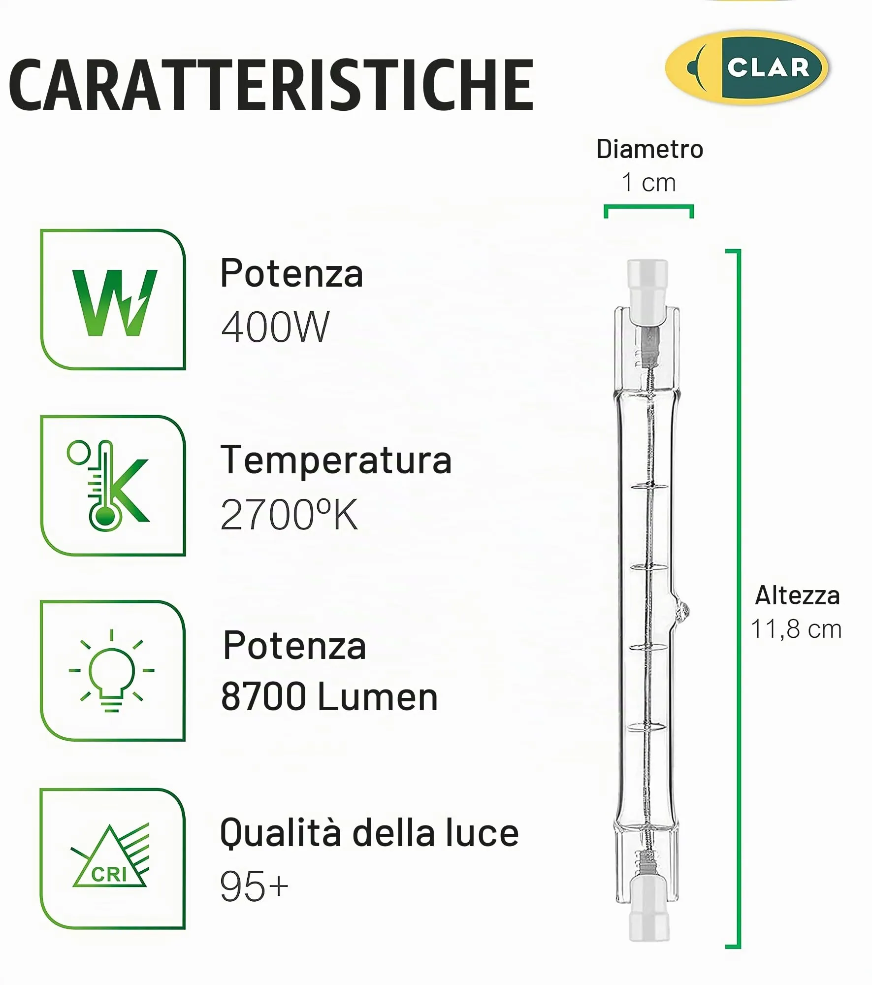 CLAR Lampadina Alogena Lineare R7S 400W 118mm 230V (Confezione da 10) - immagine 2