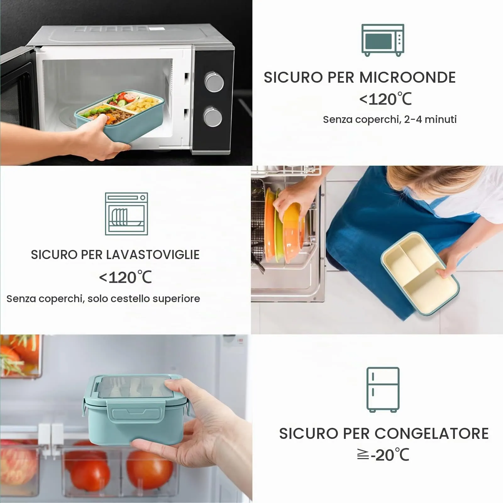 Diboniur Lunch Box, 1400 ml, 3 Scomparti con Posate, Blu - immagine 2