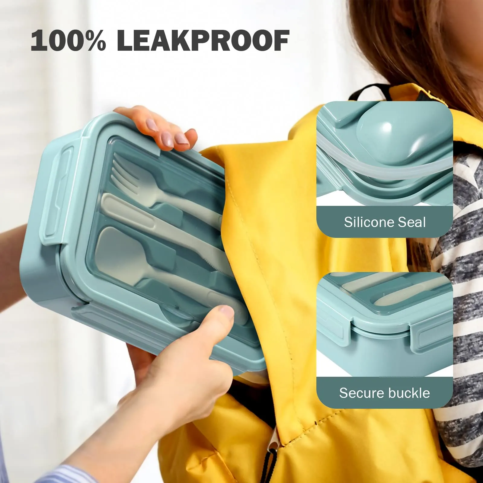 Diboniur Lunch Box, 1400 ml, 3 Scomparti con Posate, Blu - immagine 3