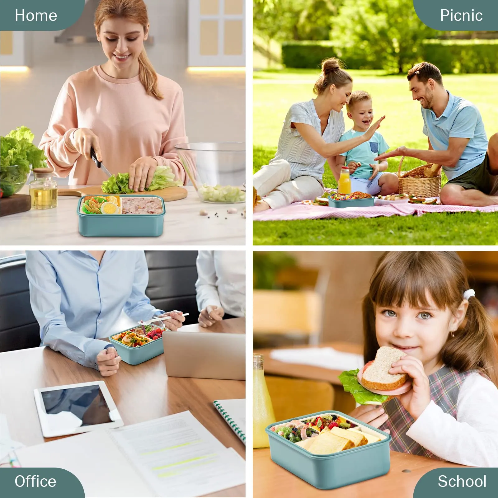 Diboniur Lunch Box, 1400 ml, 3 Scomparti con Posate, Blu - immagine 4