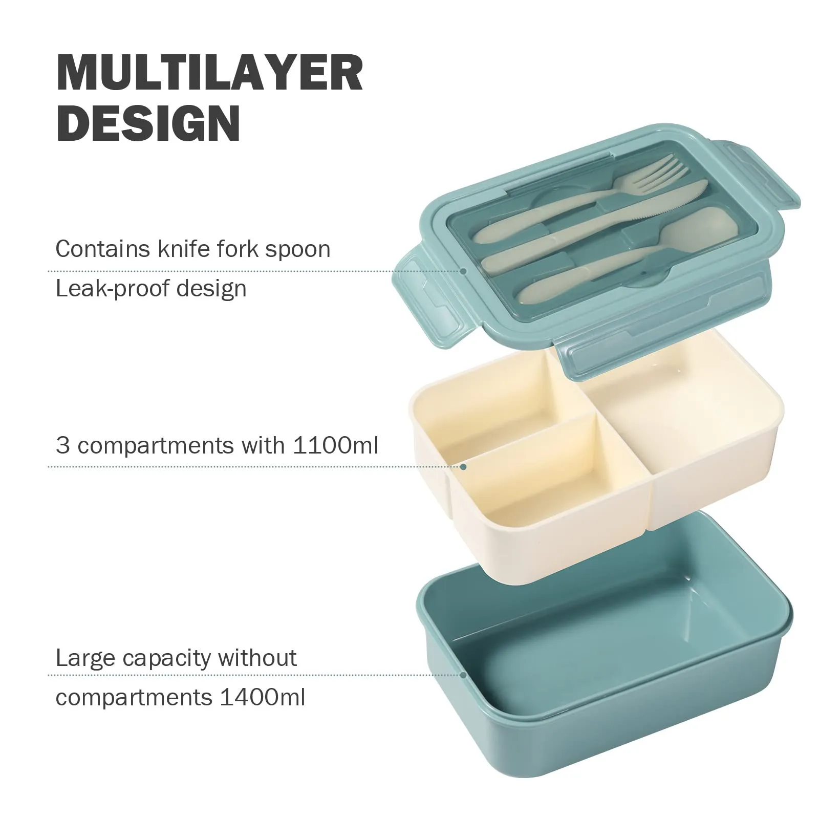 Diboniur Lunch Box, 1400 ml, 3 Scomparti con Posate, Blu - immagine 5