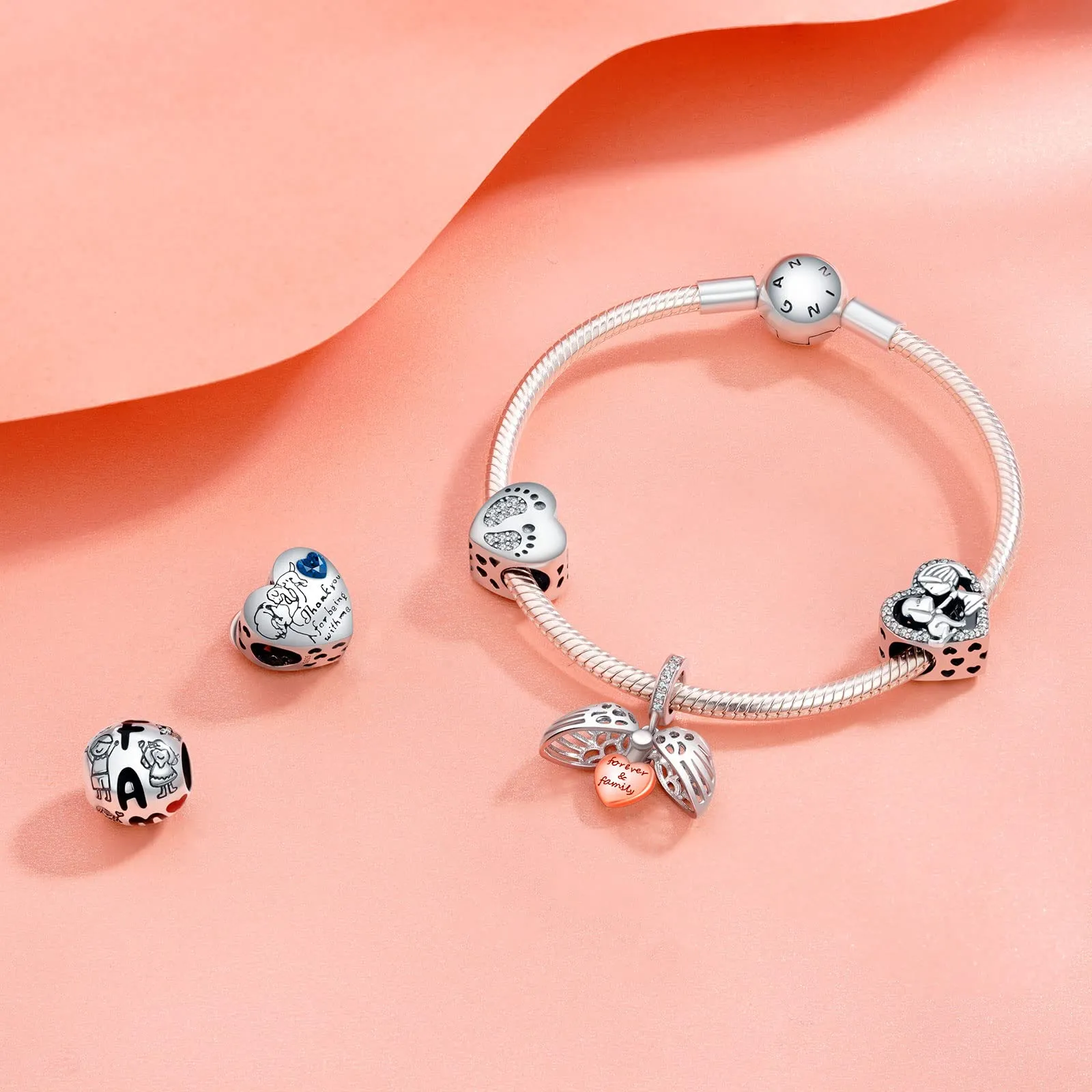 NINGAN Perline a forma di cuore in argento 925 per braccialetti da donna - immagine 3
