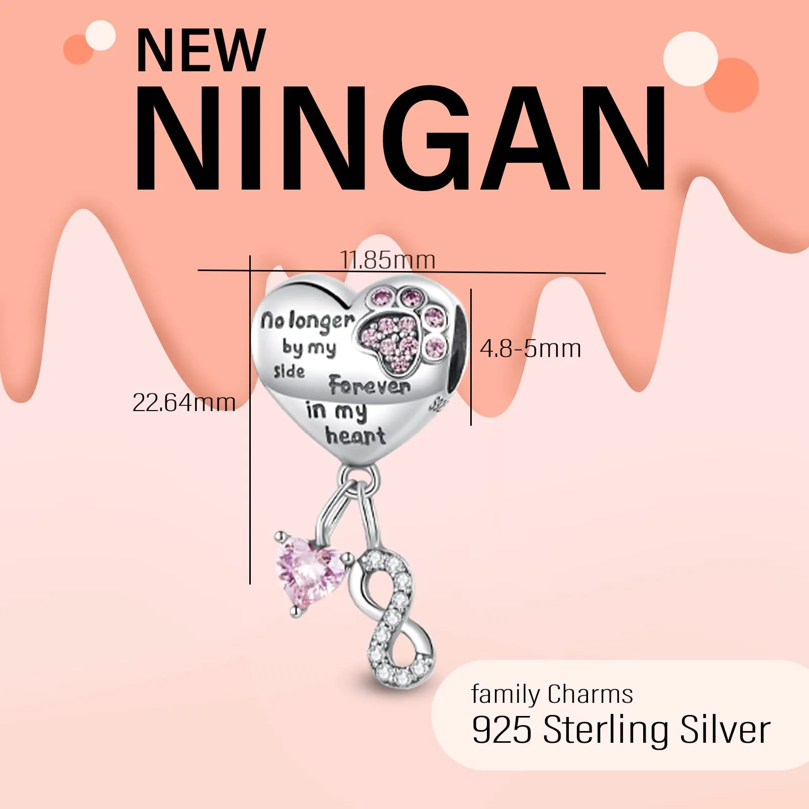 NINGAN Bracciale da donna in argento sterling 925 con ciondolo amore infinito, perline a forma di cuore e stampa di zampa - immagine 2