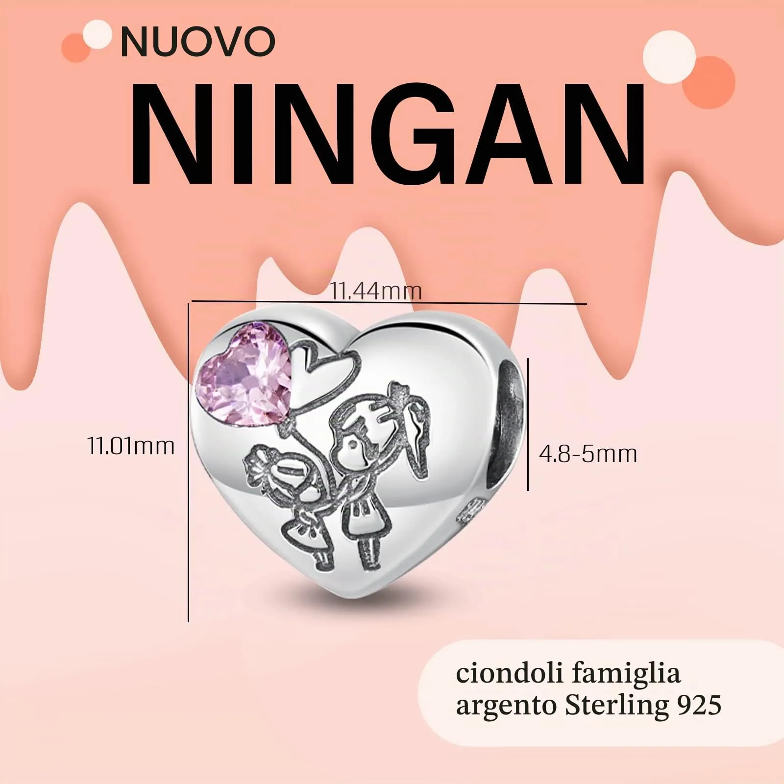 NINGAN L'amore tra sorelle Ciondolo a forma di cuore in argento sterling 925 per bracciali da donna - immagine 2