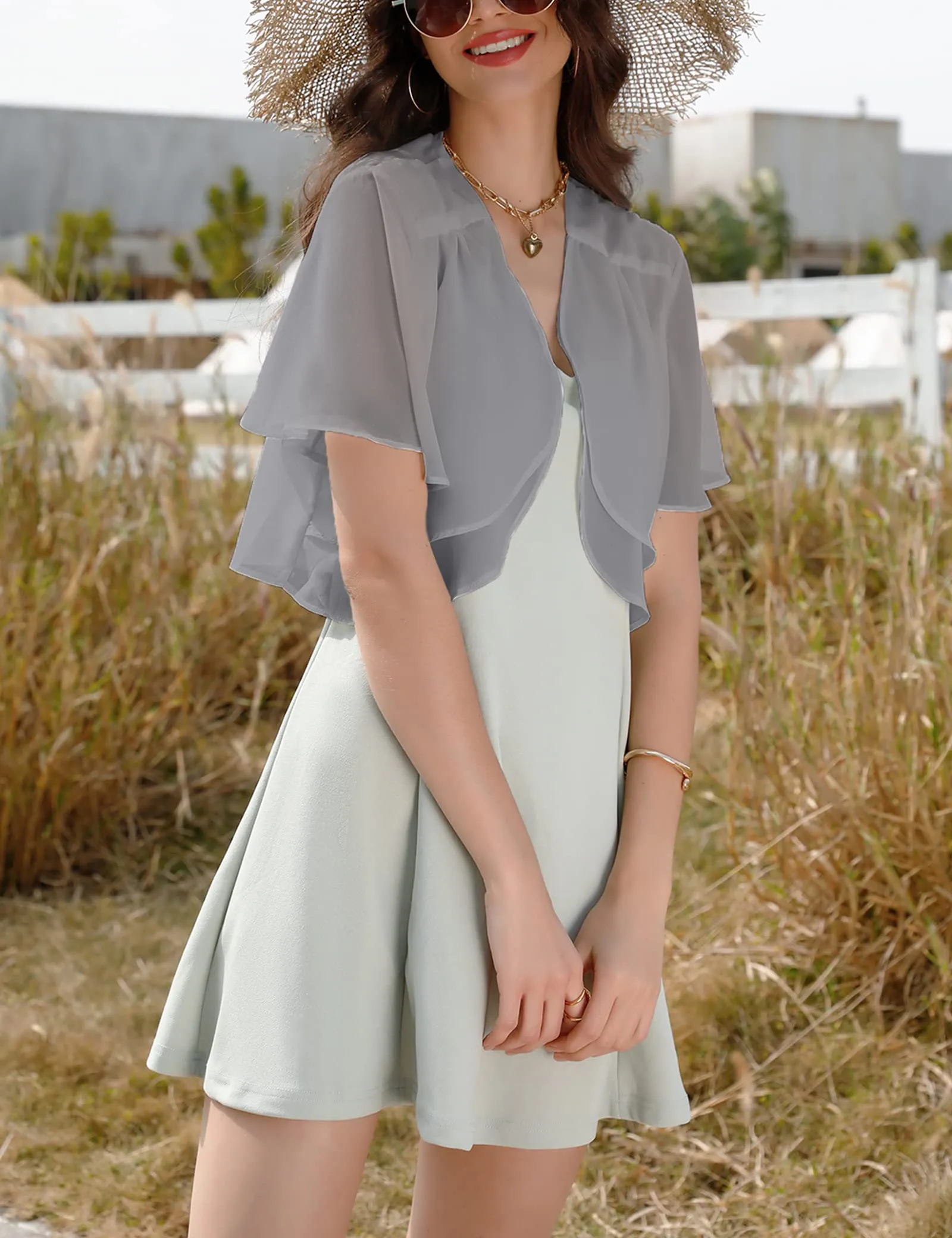 Aottori Coprispalle Donna in Chiffon per Cerimonia, Grigio, S - immagine 9