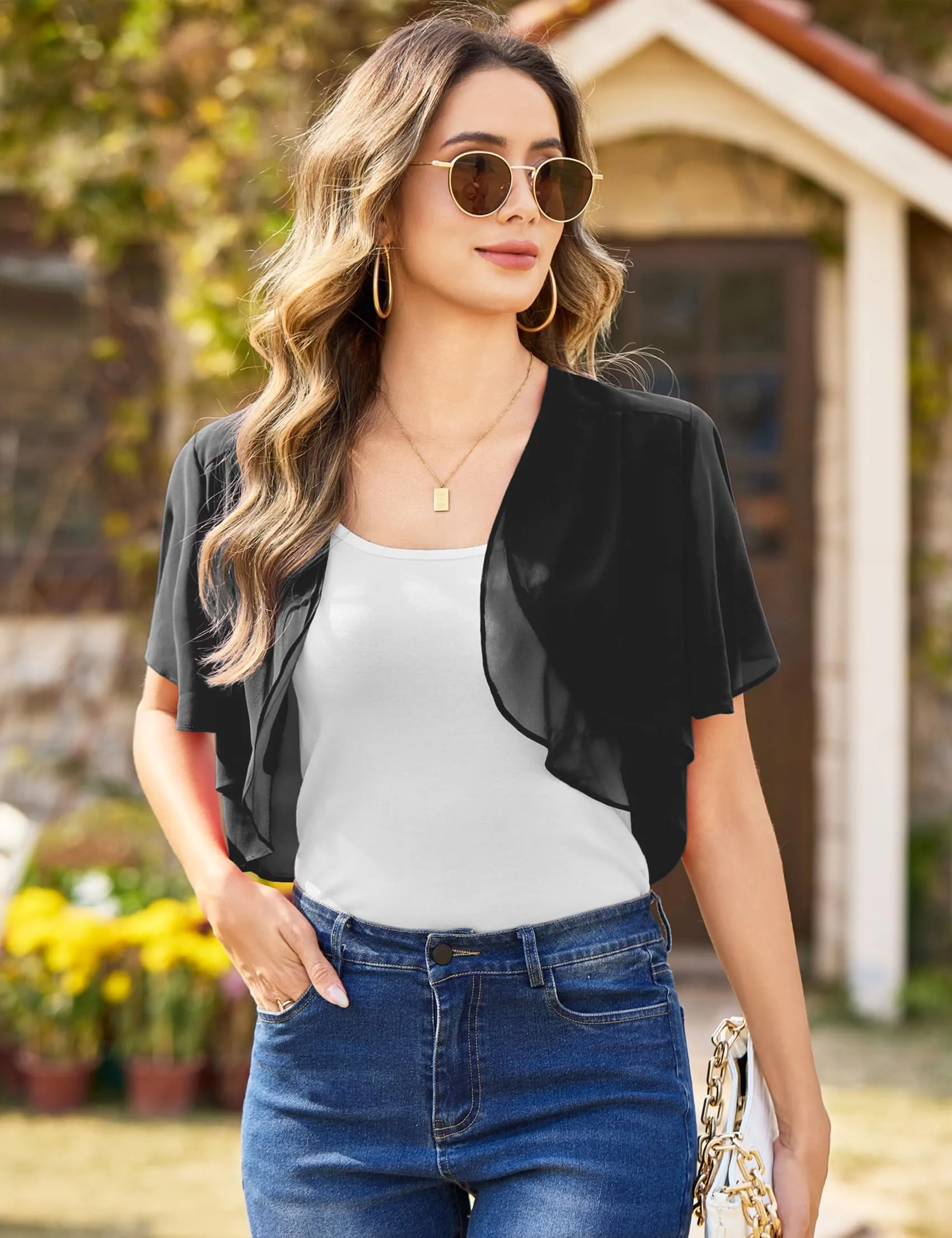 Aottori Coprispalle Donna in Chiffon Nero, Taglia S - immagine 8