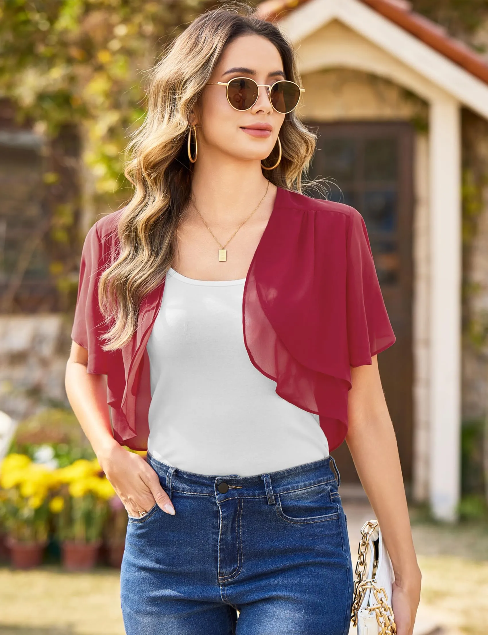 Aottori Coprispalle Donna in Chiffon Maniche Corte Vino Rosso L - immagine 3
