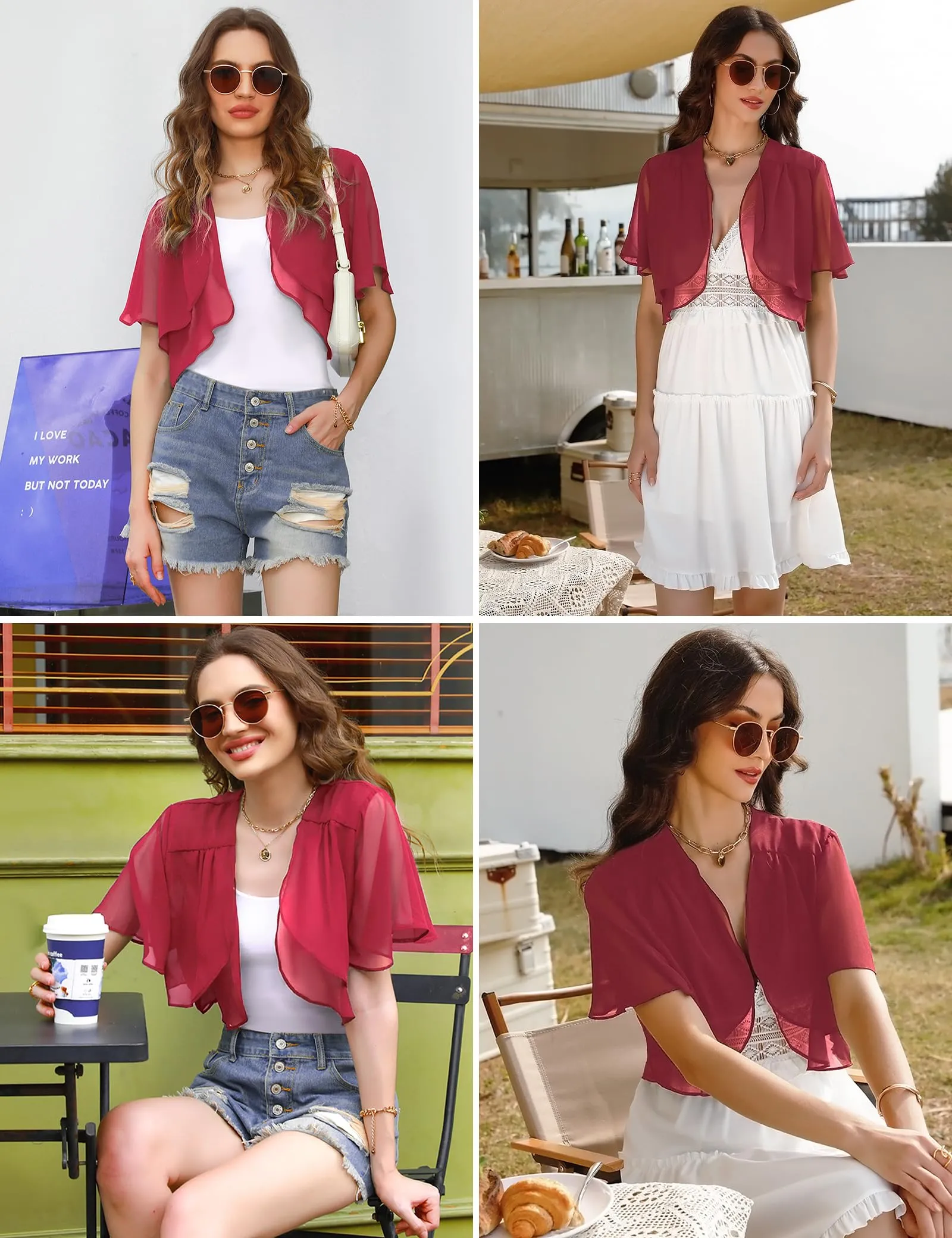 Aottori Coprispalle Donna in Chiffon Maniche Corte Vino Rosso L - immagine 5