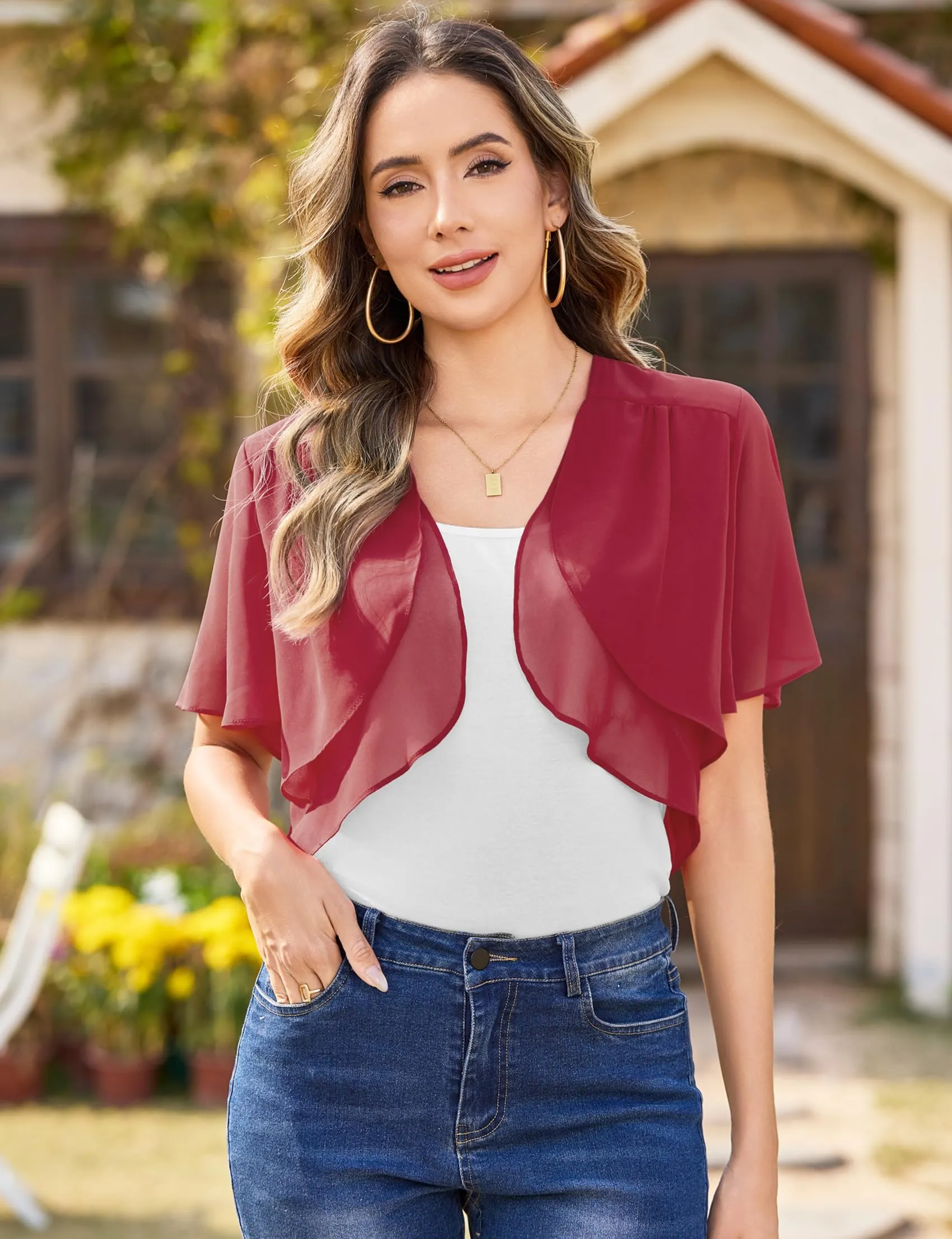 Aottori Coprispalle Donna in Chiffon Maniche Corte Vino Rosso L - immagine 9