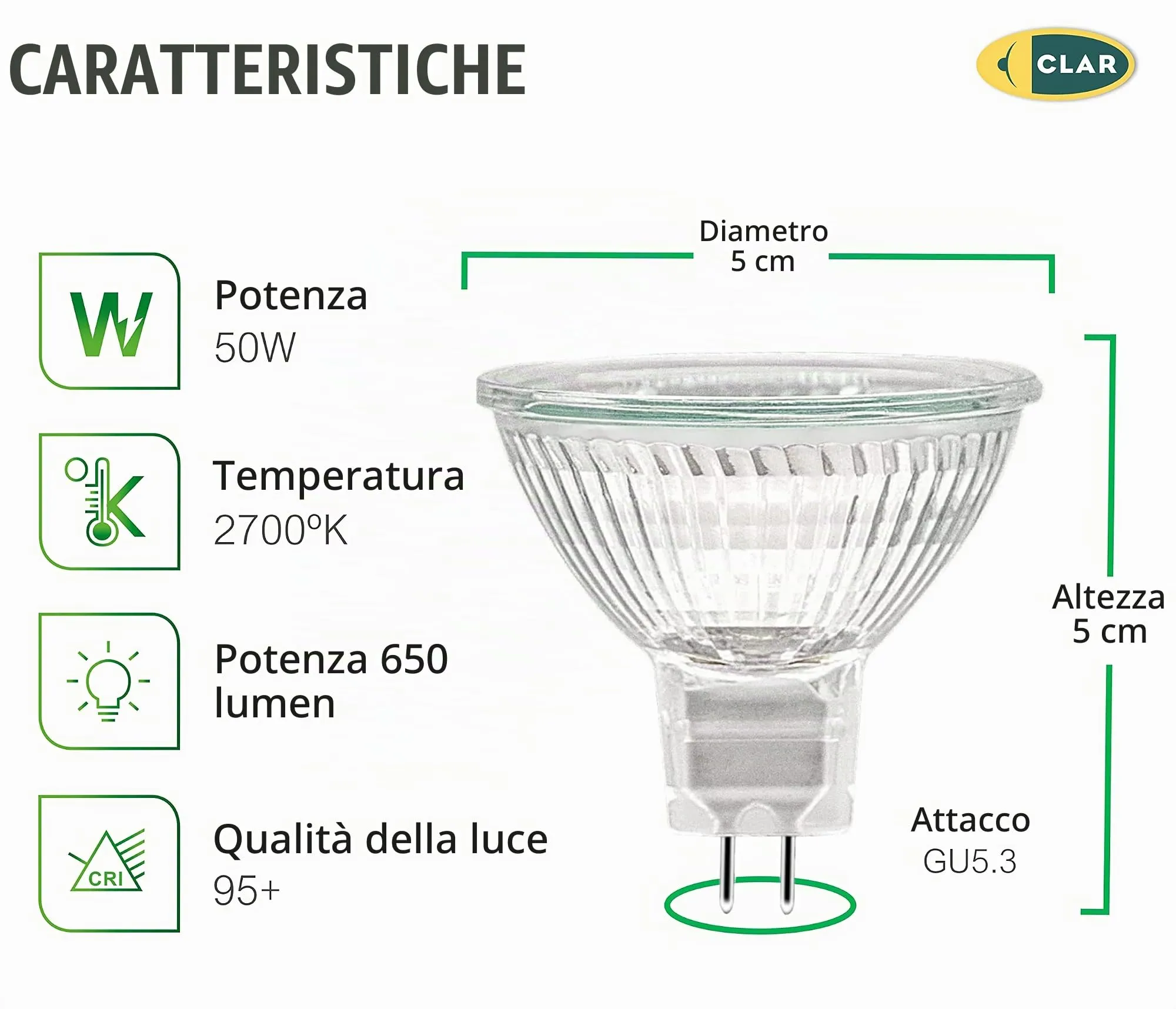 CLAR Lampadina Alogena MR16 GU5.3 12V 50W (Pack 10) - immagine 2