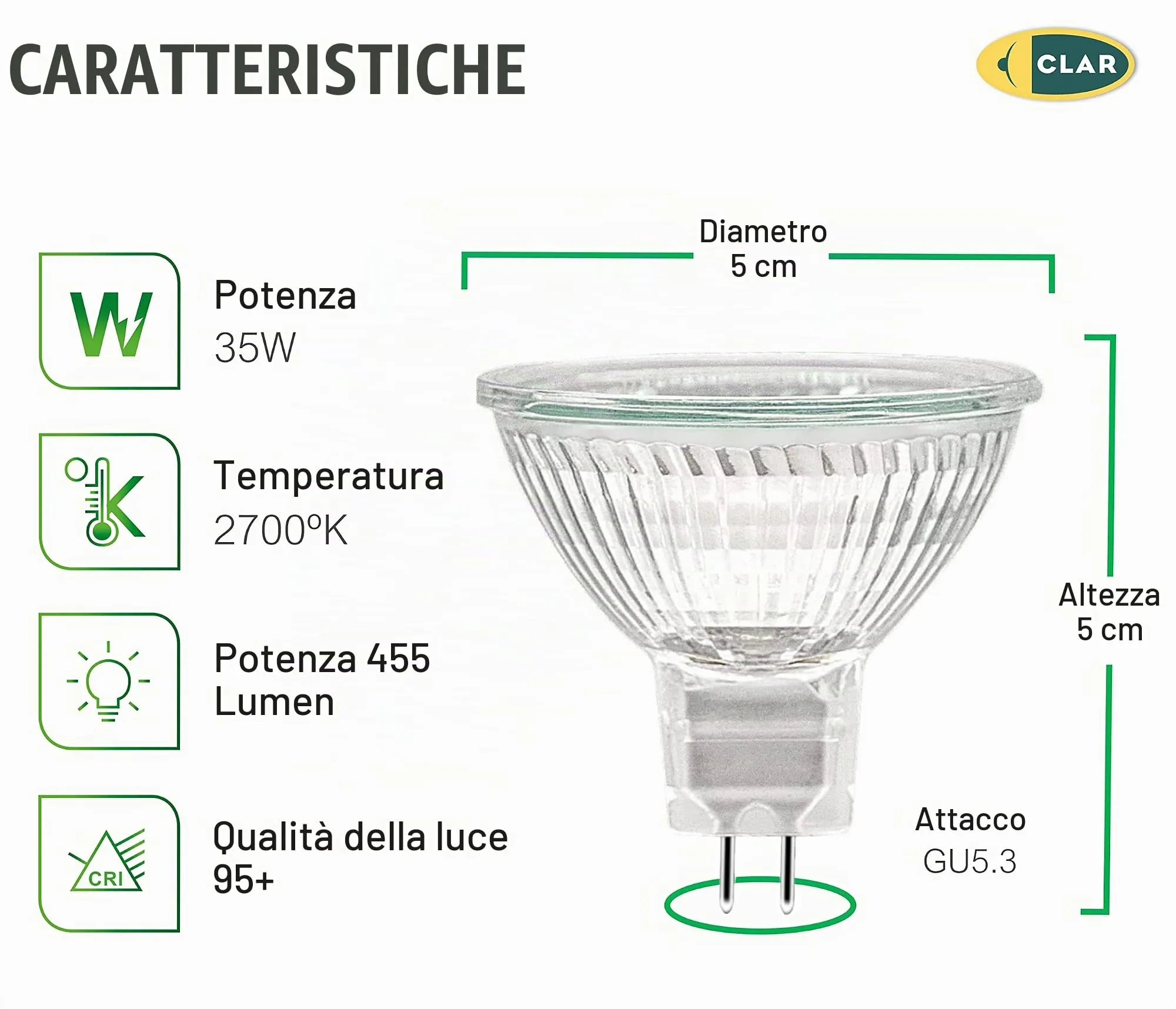 CLAR Lampadina Alogena 35W 12V Faretto Dicroico, Confezione da 10 - immagine 2