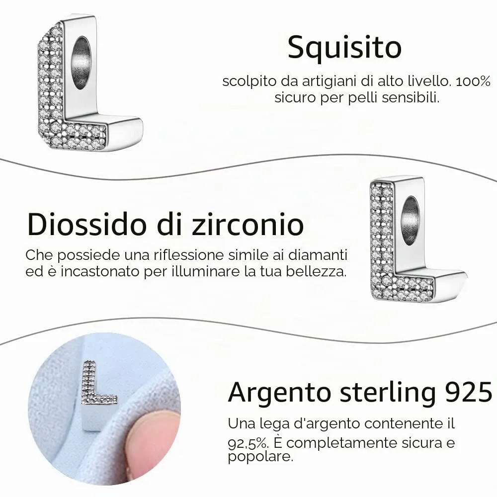 TINSLO Bead Charm Argento Sterling 925 Lettere con Cubic Zirconia per Braccialetti e Collane Europei - immagine 5