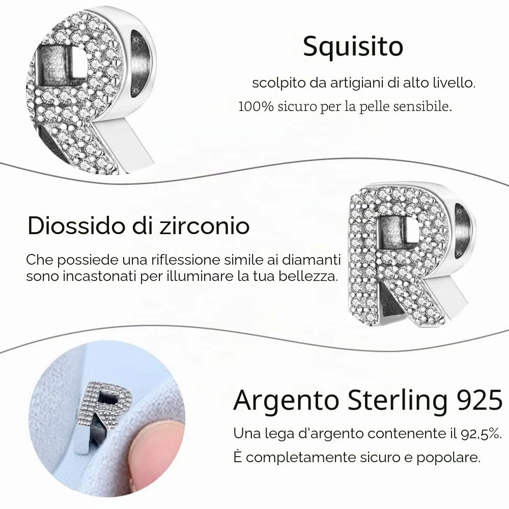 TINSLO Ciondolo Argento Sterling 925 Lettere con Cubic Zirconia per Braccialetti e Collane Europee KJC165 - immagine 5