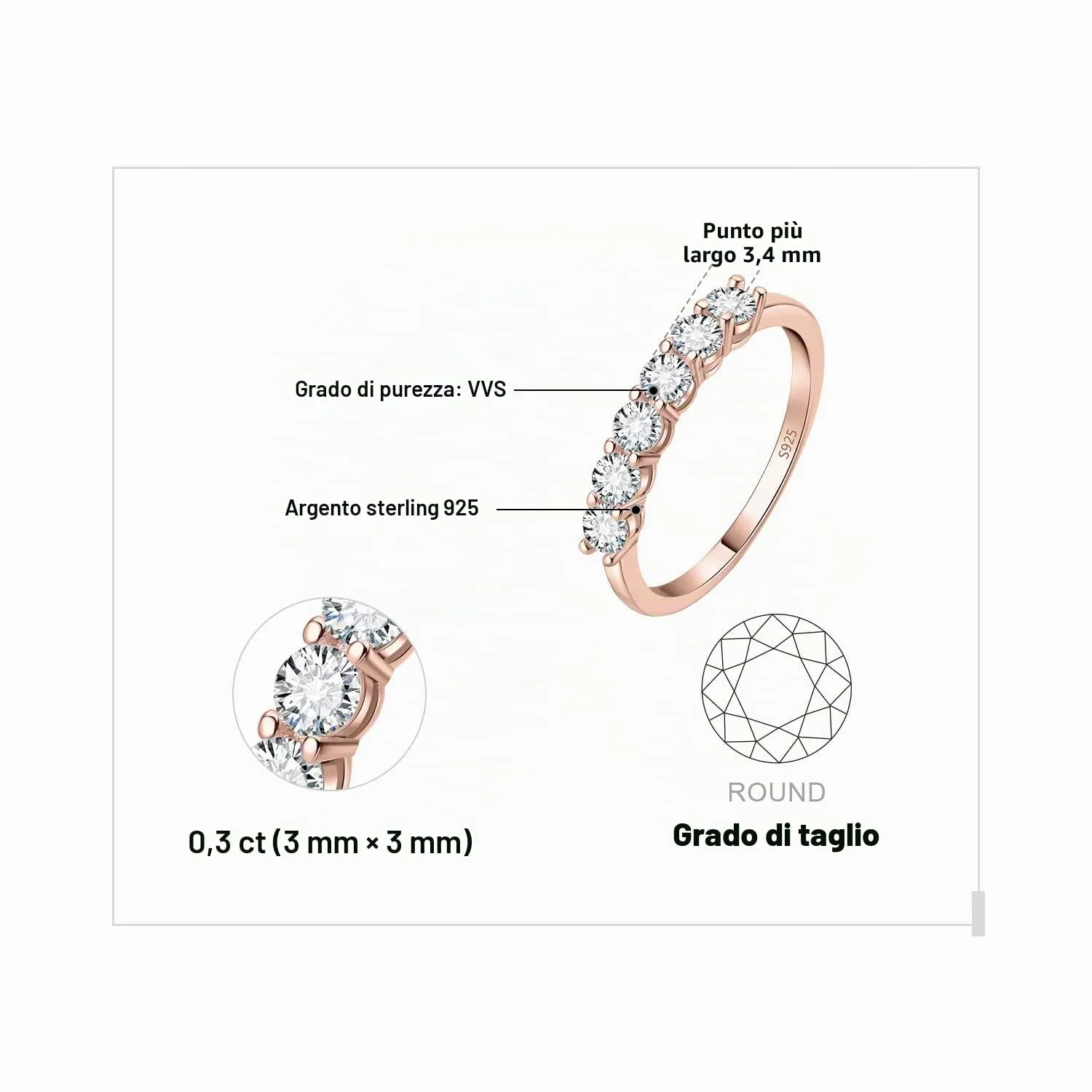 JewelryPalace Anello Half Eternity Donna Argento 925 con Zirconia Cubica 0.6ct, Oro Rosa, Taglio Rotondo, Taglia 11.5 - immagine 2