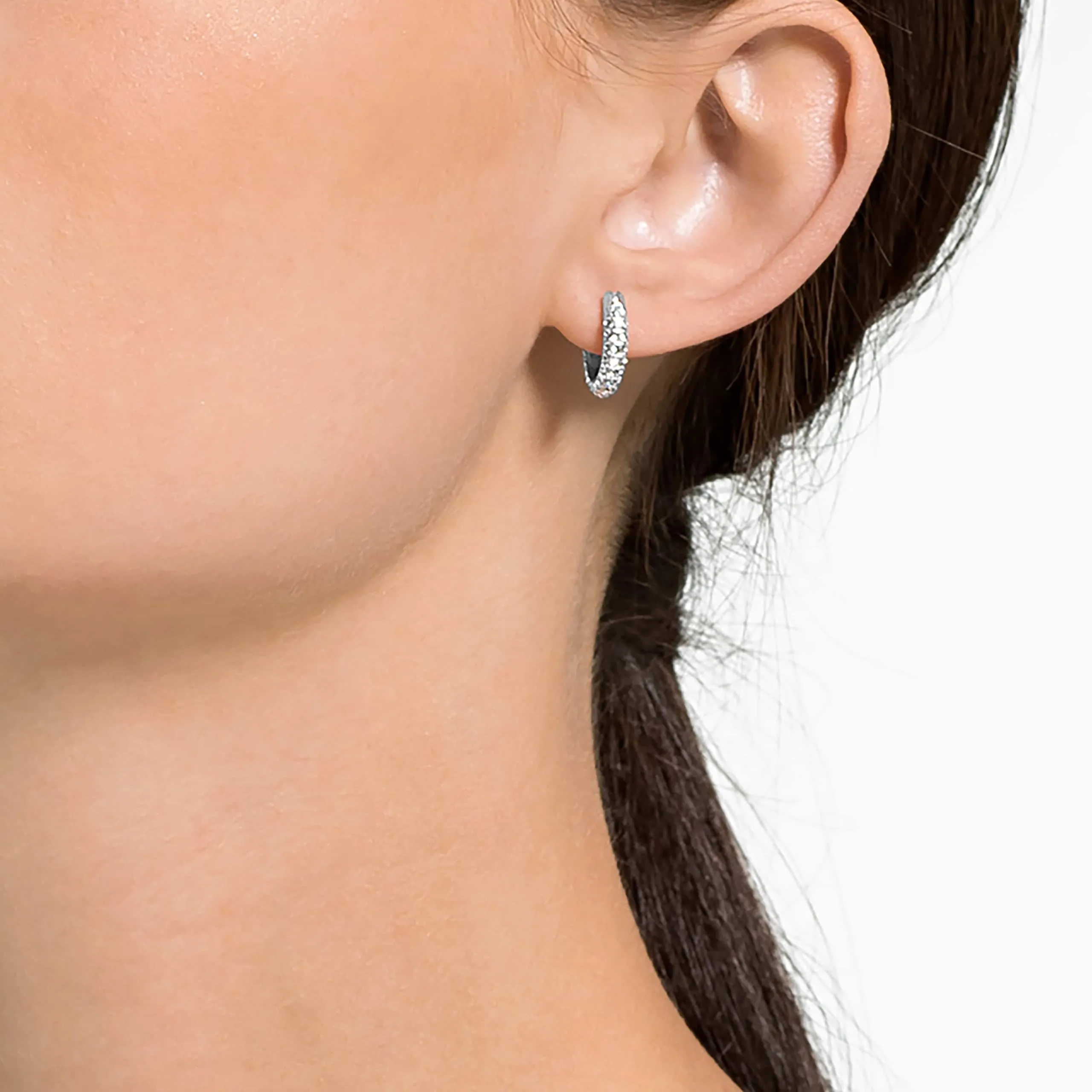 Swarovski Stone Pavé Hoop Earrings, Small, White, Rhodium Plated - immagine 5