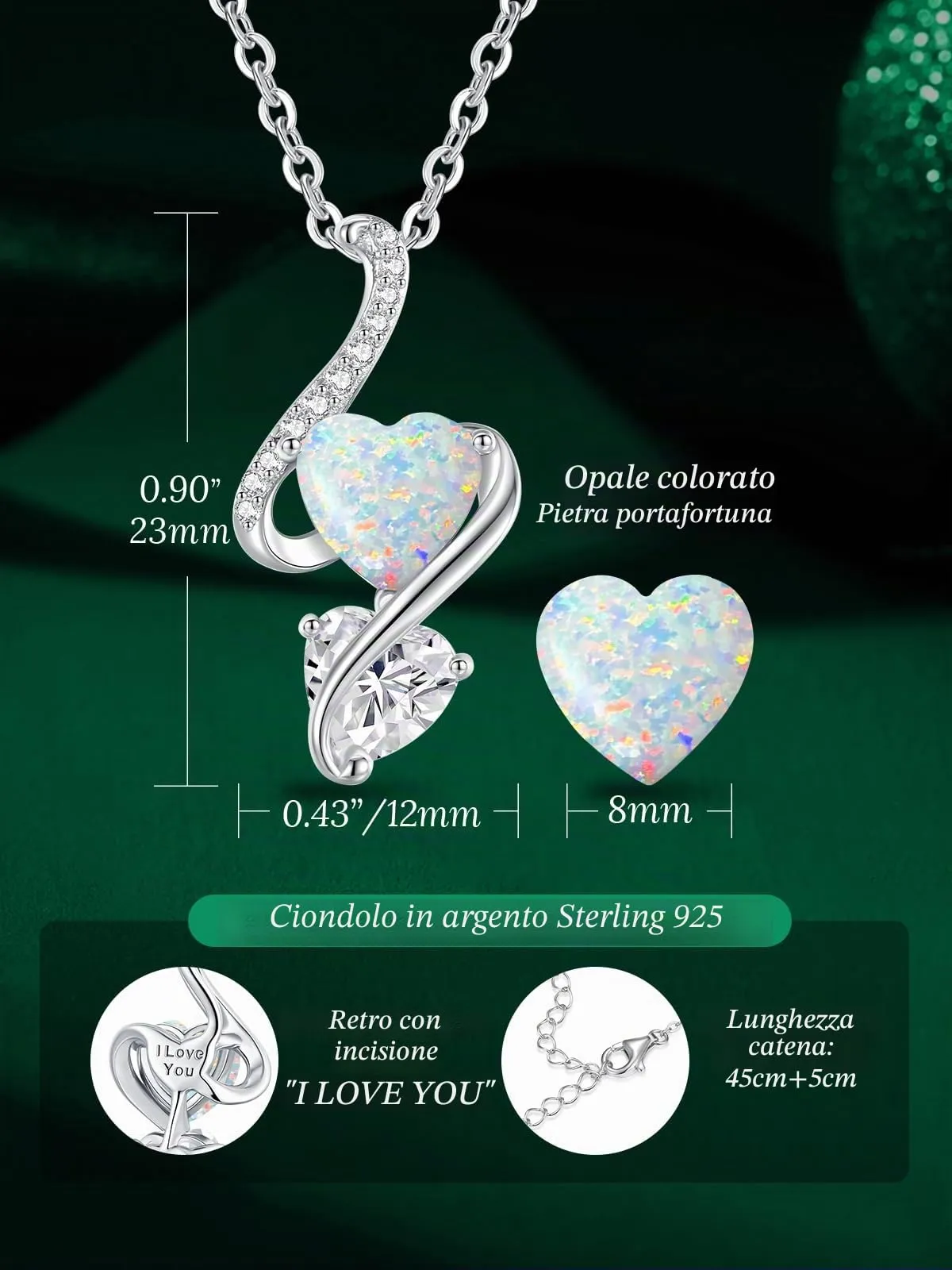 LOUISA SECRET Collana Donna in Argento 925 con Cuore, Zirconio e Opale - immagine 6
