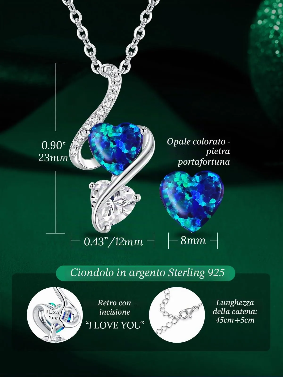 LOUISA SECRET Collana Donna in Argento 925 con Cuore, Zirconio e Opale, 45 cm - immagine 6