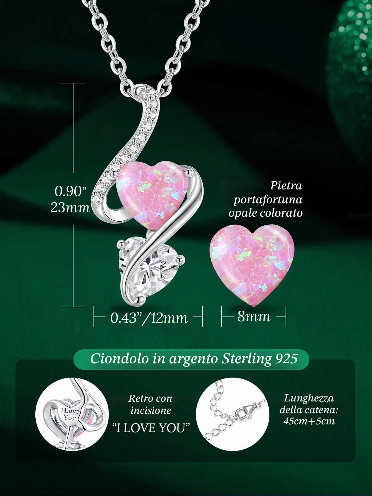 LOUISA SECRET Collana donna in argento 925 con cuore, zirconio e opale - immagine 6
