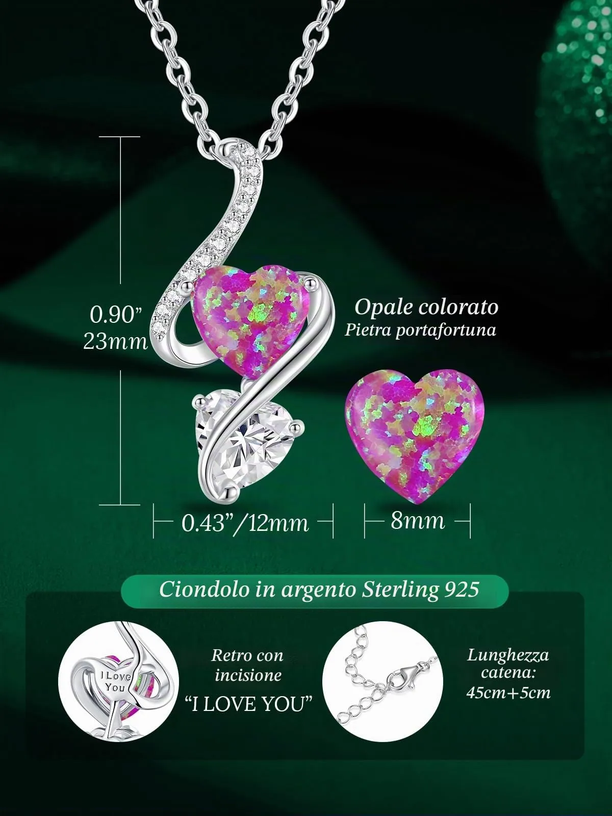 LOUISA SECRET Collana Donna in Argento 925 Cuore con Zirconi e Opale - immagine 6