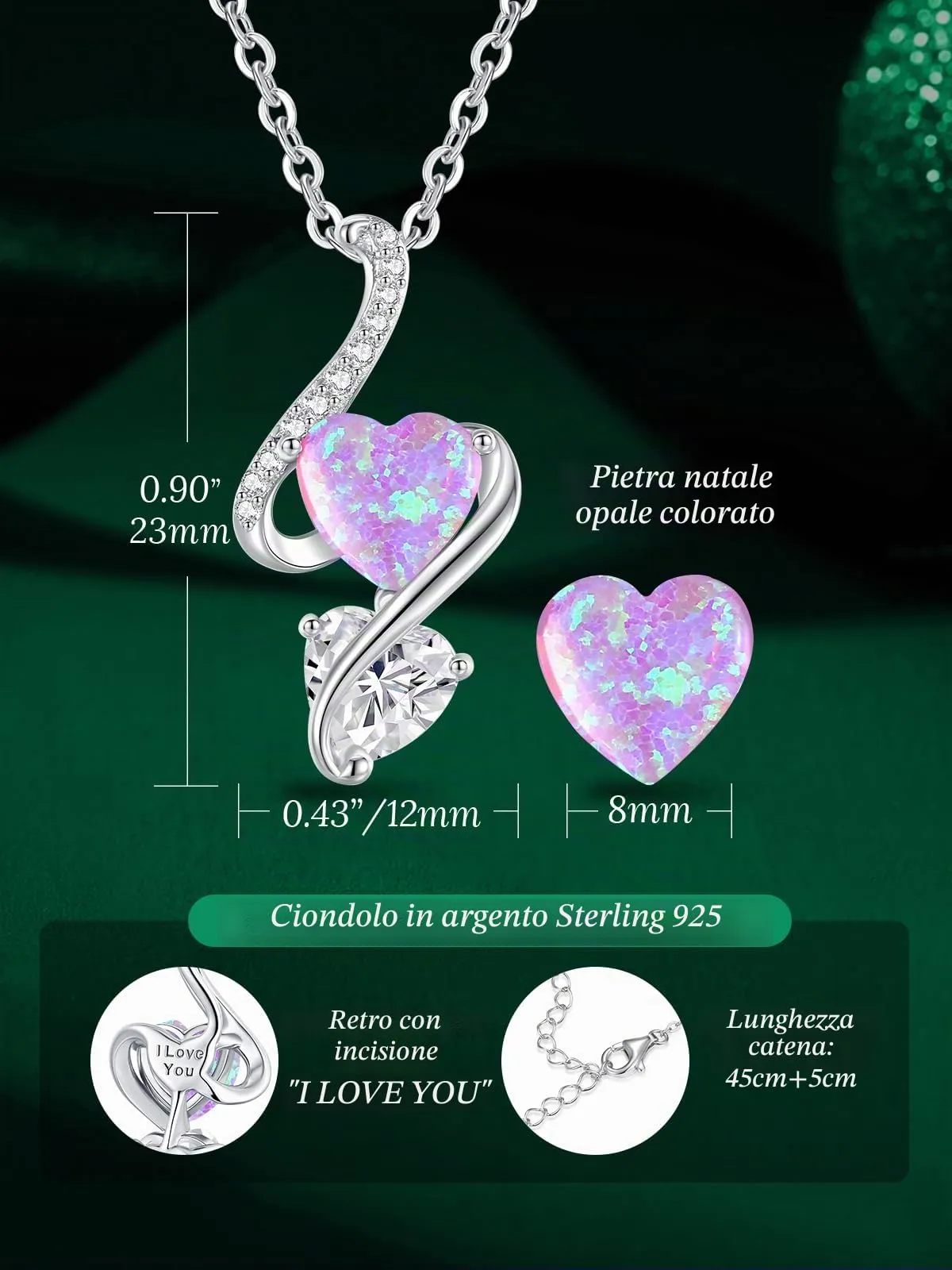 LOUISA SECRET Collana Donna in Argento 925 con Cuore in Zirconio e Opale - immagine 6