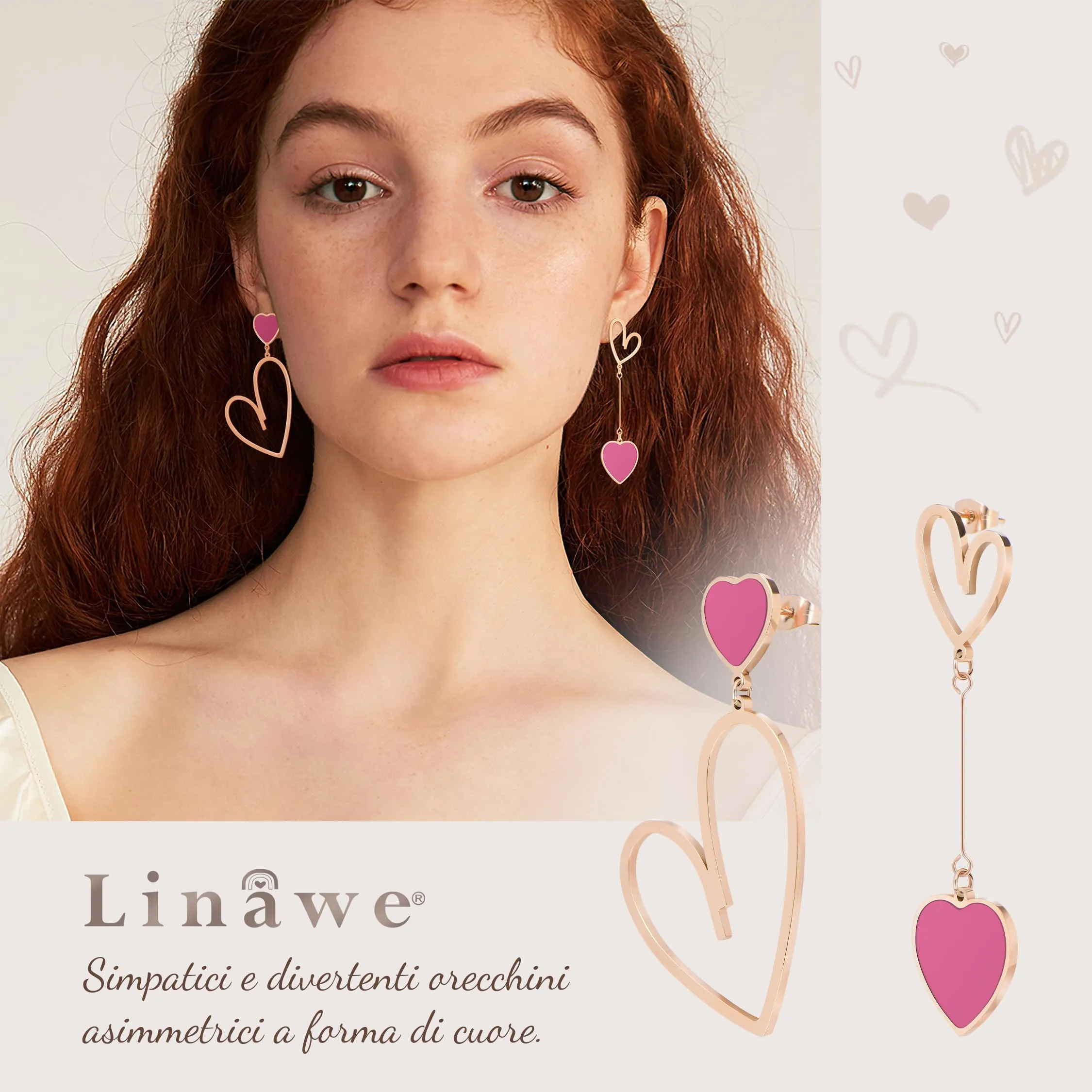 Linawe Orecchini a Cuore Pendenti in Oro Rosa e Acciaio Inossidabile per Donna - immagine 2