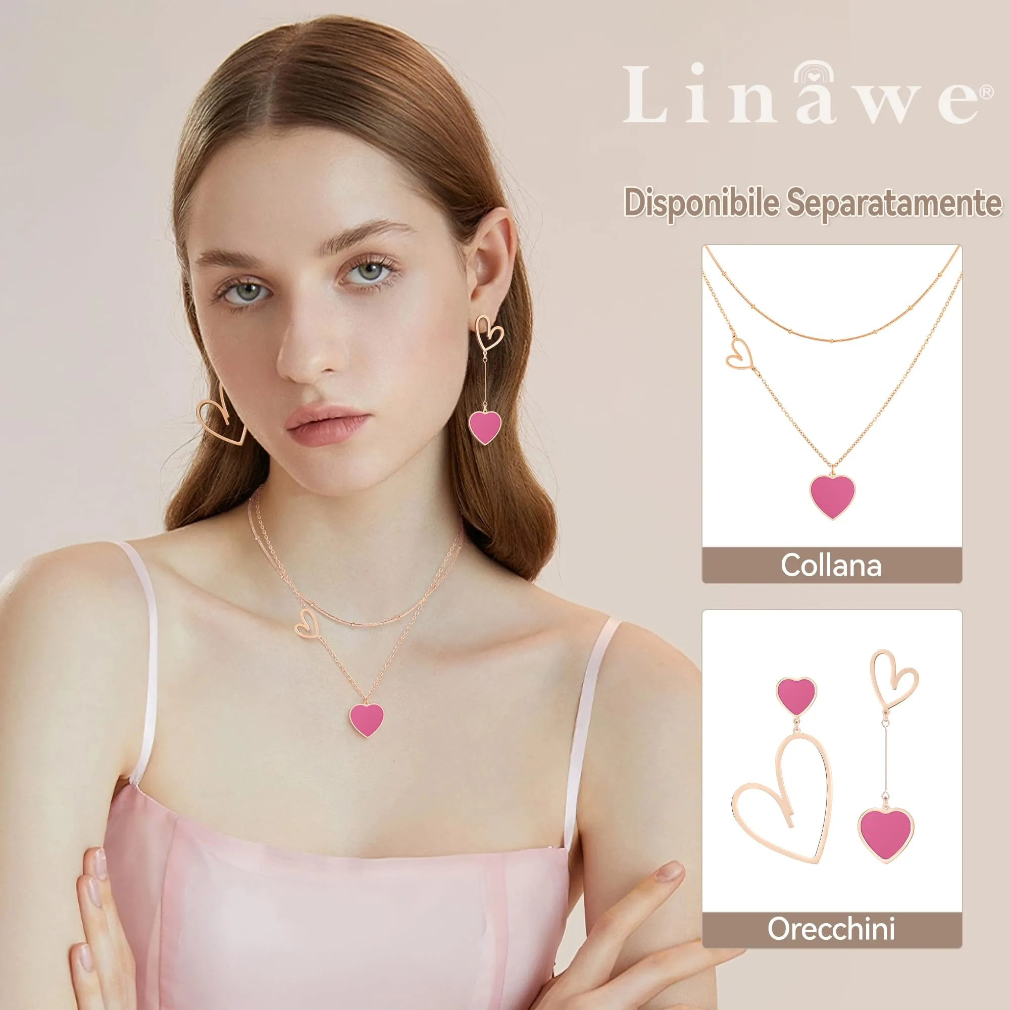 Linawe Orecchini a Cuore Pendenti in Oro Rosa e Acciaio Inossidabile per Donna - immagine 3